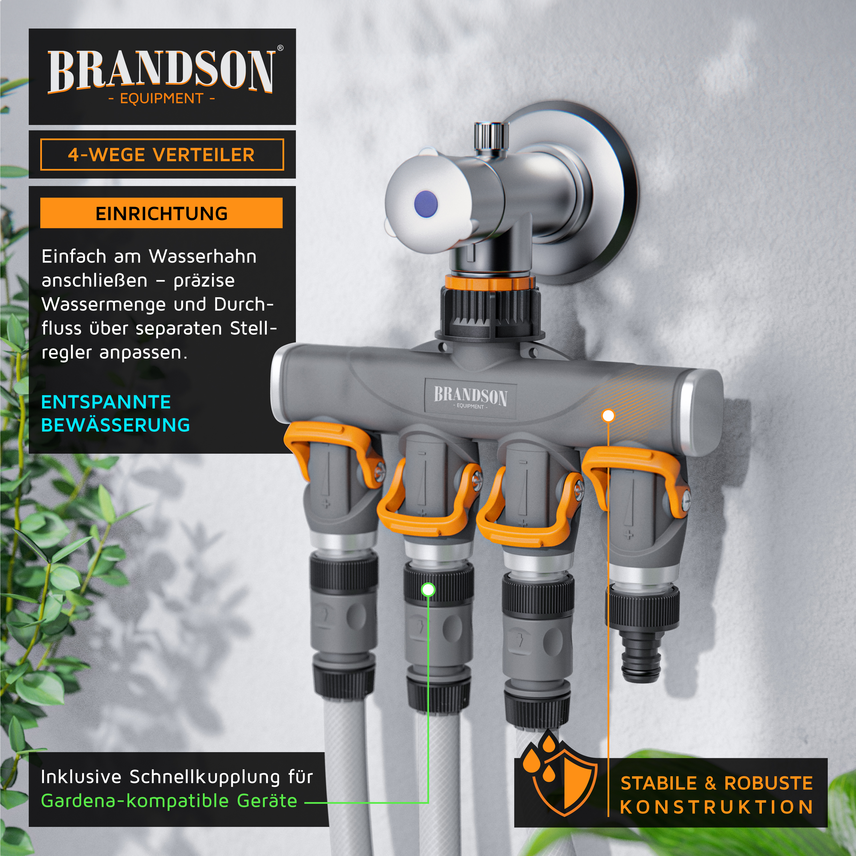 Brandson 4-Wege-Verteiler mit grauem Gehäuse und orangefarbenen Anschlüssen, konzipiert für die einfache Einstellung des Wasserdurchflusses und den Anschluss an Gardena-kompatible Geräte.
