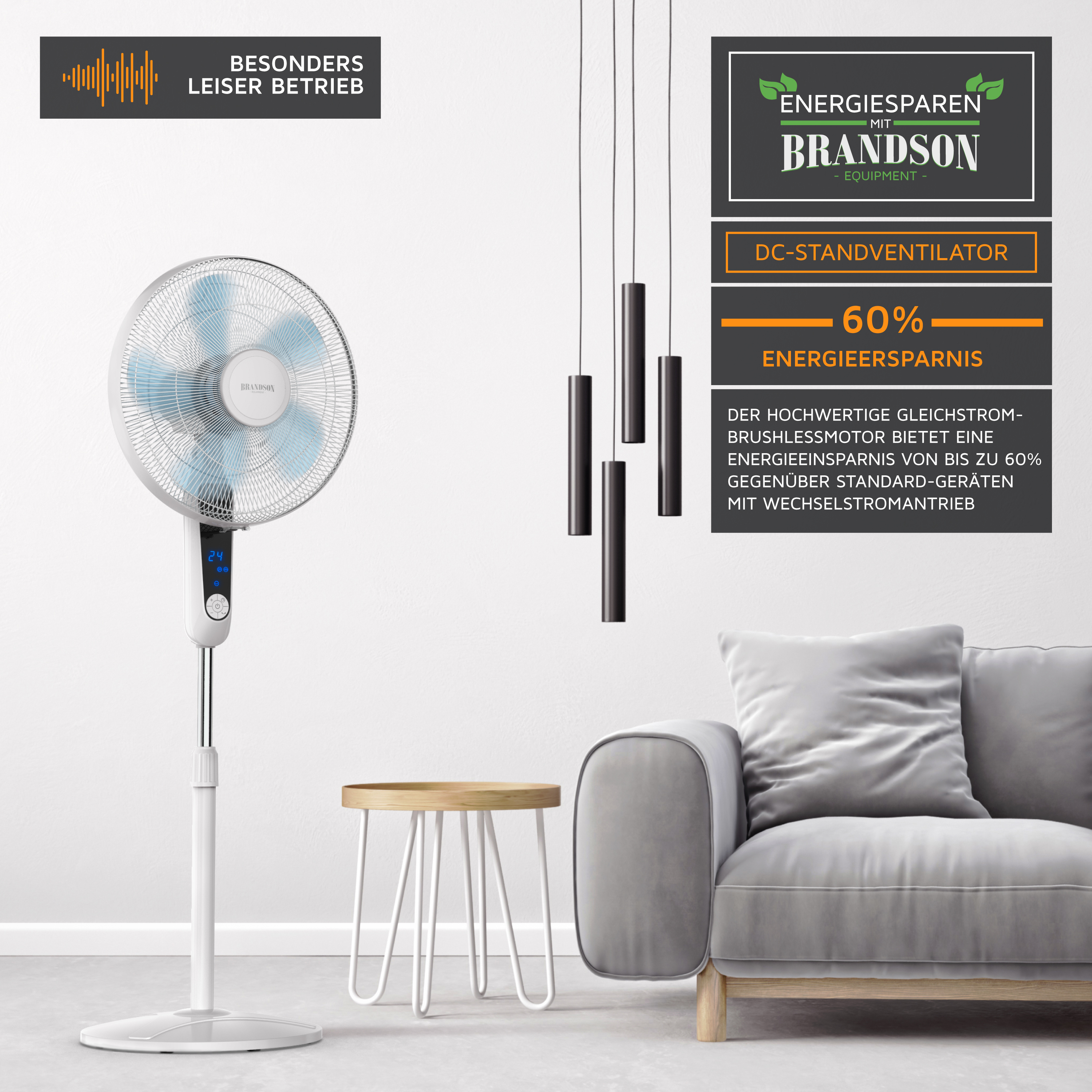 Brandson DC-Standventilator in Weiß mit digitalem Display und Bedienfeld, ideal für leisen Betrieb in modernen Wohnräumen.