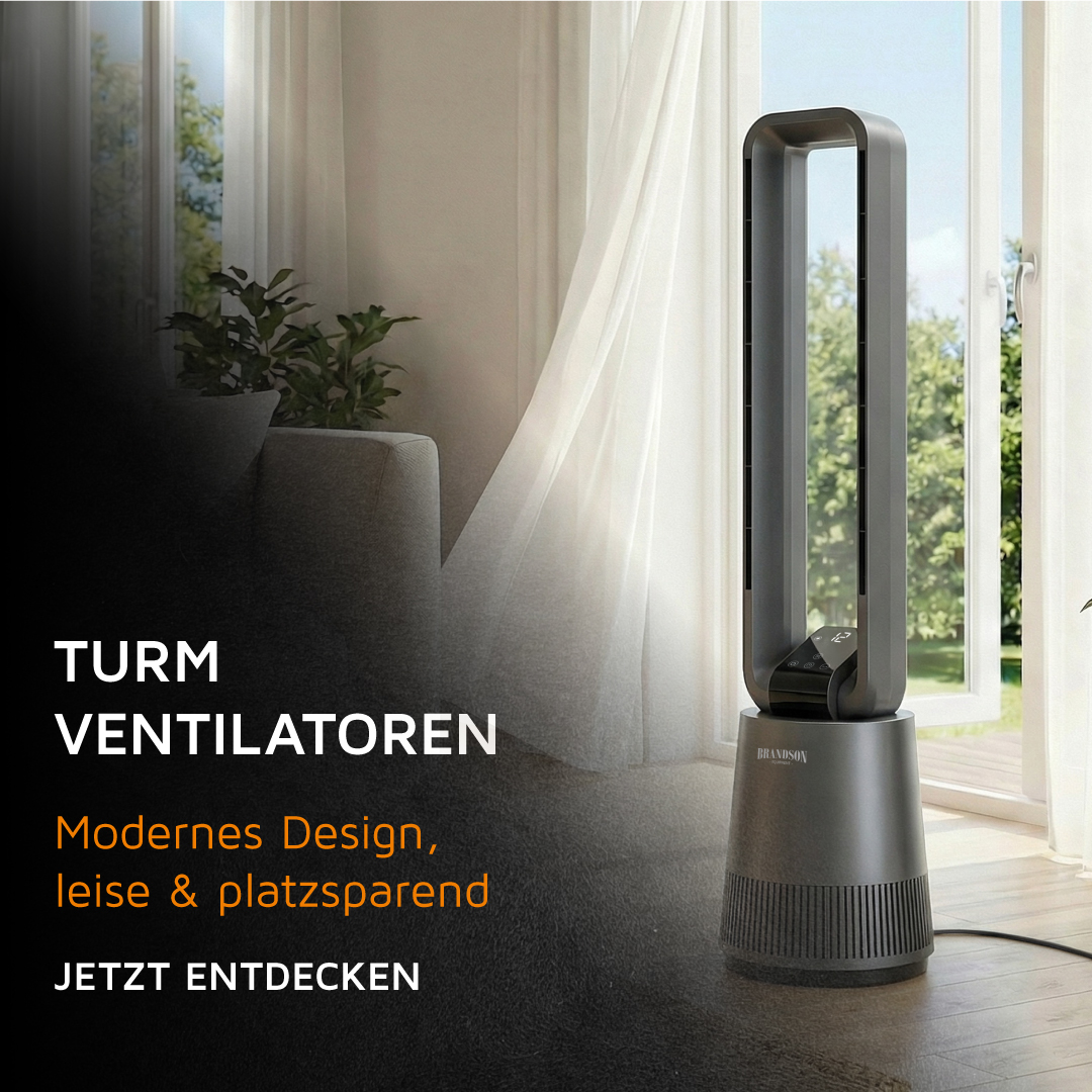 Brandson Turmventilator in modernem Design, schwarz mit Bedienfeld und Standfuß, platziert neben einem Fenster.