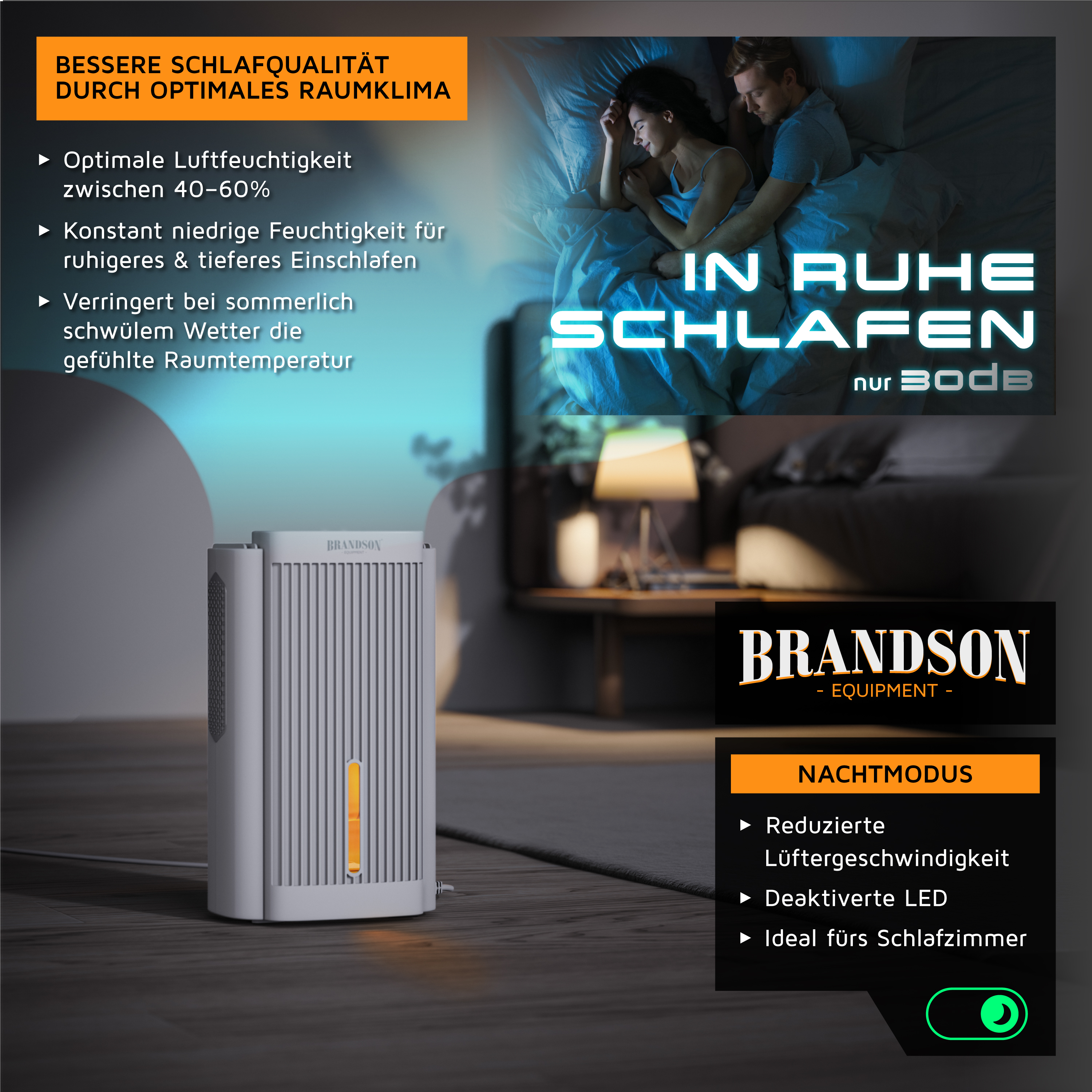 Brandson Luftkühler im modernen Design, weiß mit beleuchtetem Wasserstandsanzeiger, ideal für den Einsatz im Schlafzimmer.