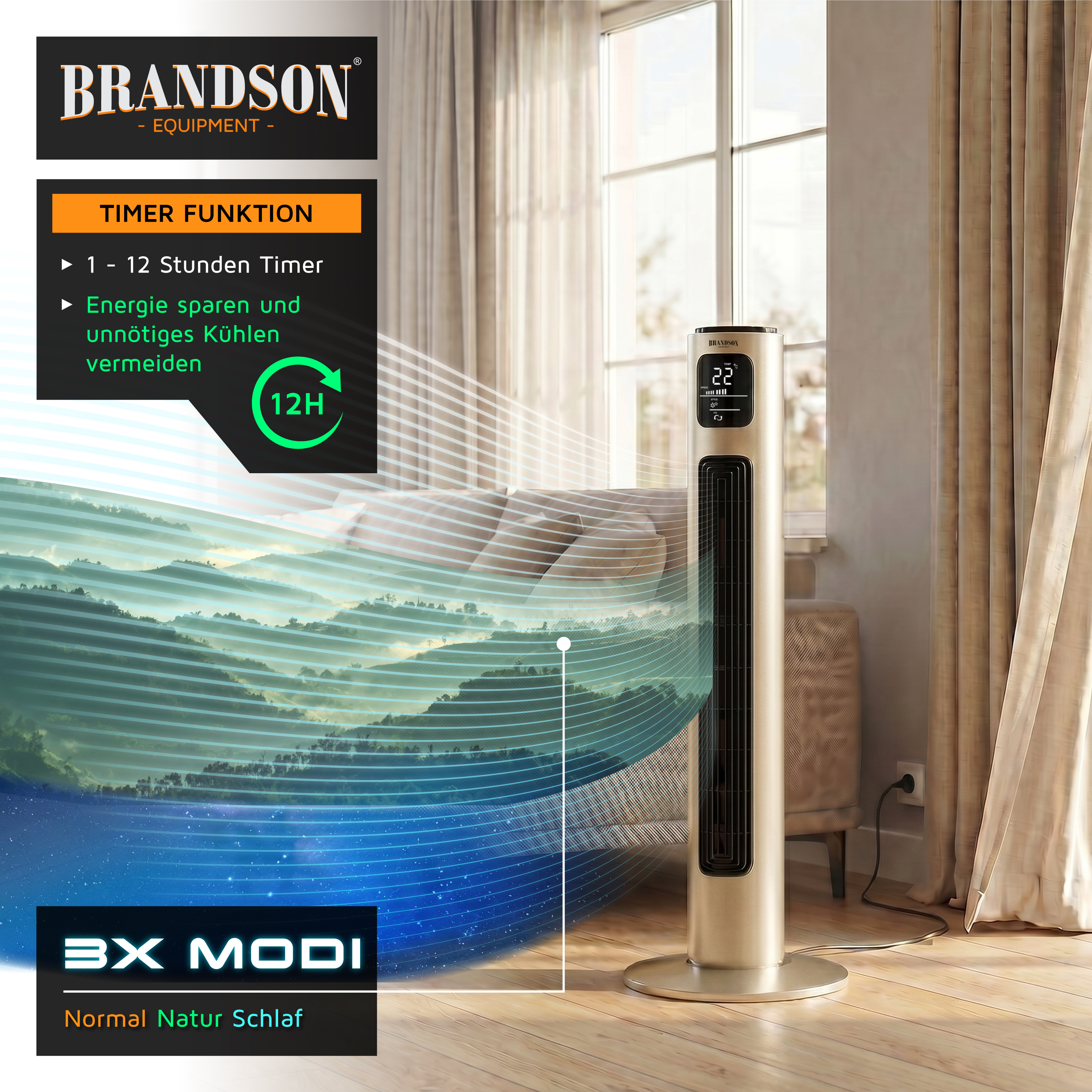 Brandson Turmventilator in Goldfarbe mit Digitalanzeige und Timerfunktion, platziert in der Nähe eines Fensters in einem Wohnzimmer.
