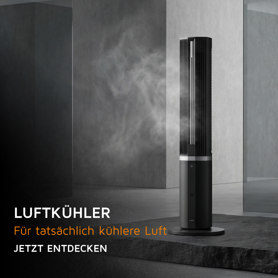 Brandson-Luftkühler im schlanken Turmdesign mit schwarzer Oberfläche und Nebelfunktion für verbesserte Kühlung.