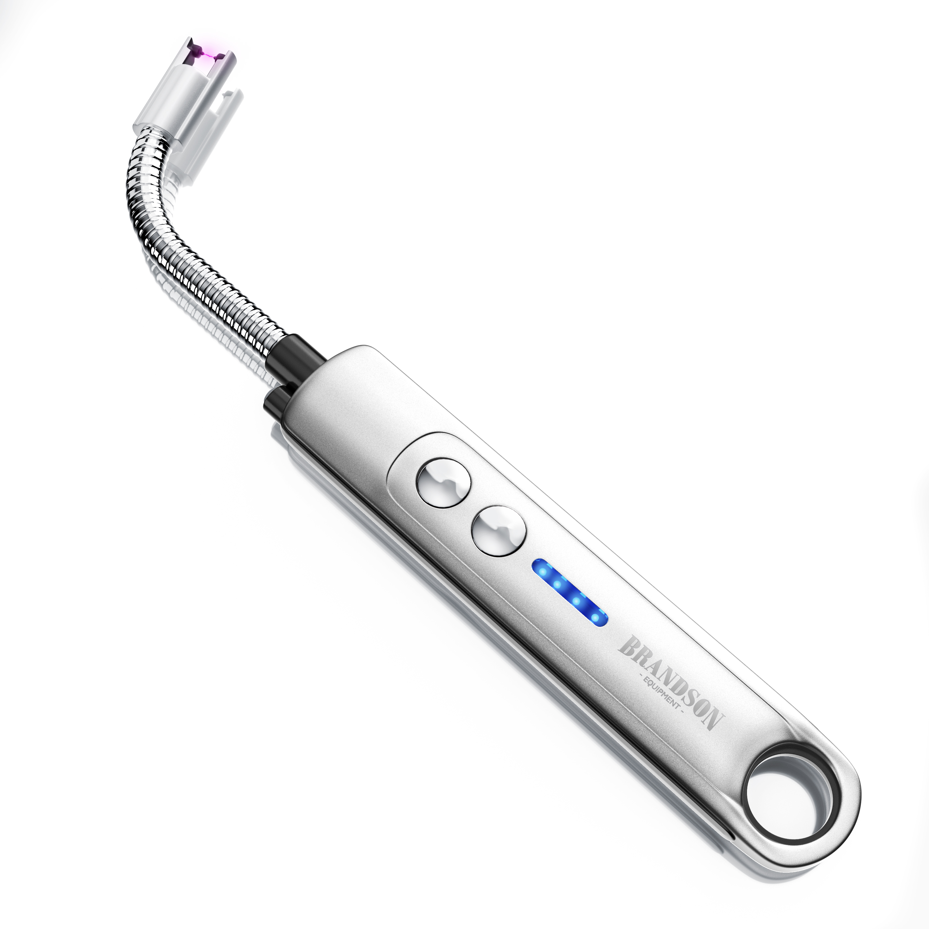 Brandson Handgerät mit flexibler Metallspitze, silbernem Gehäuse, zwei Tasten und blauer LED-Anzeige.