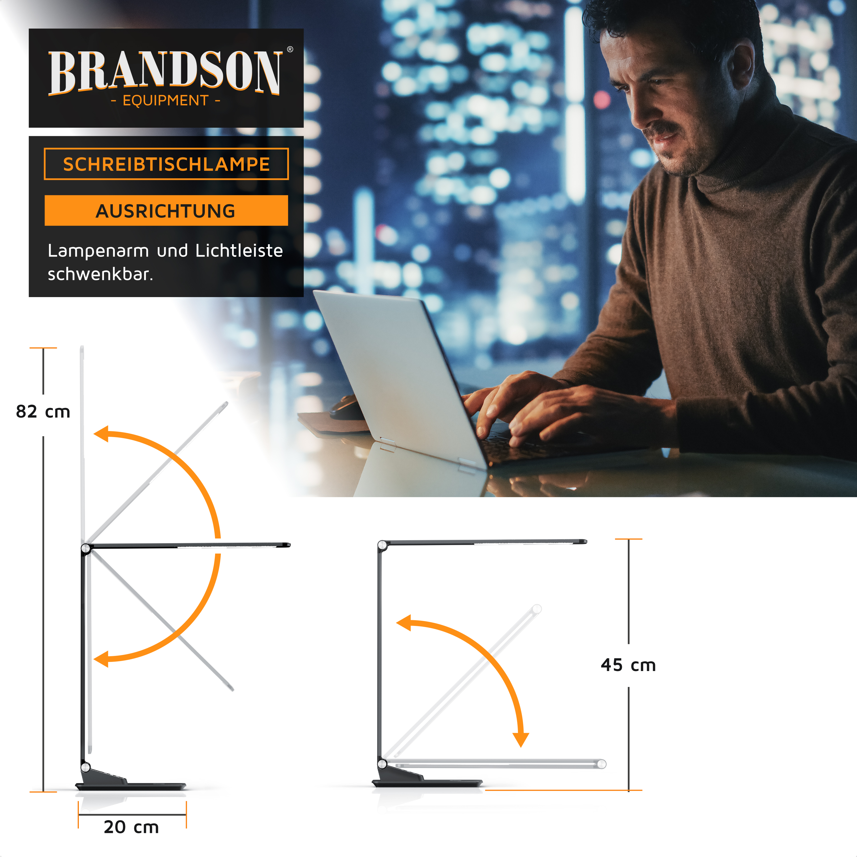 Brandson Schreibtischlampe mit schwenkbarem Lampenarm und Lichtleiste, in modernem Design, ideal für den Arbeitsplatz.
