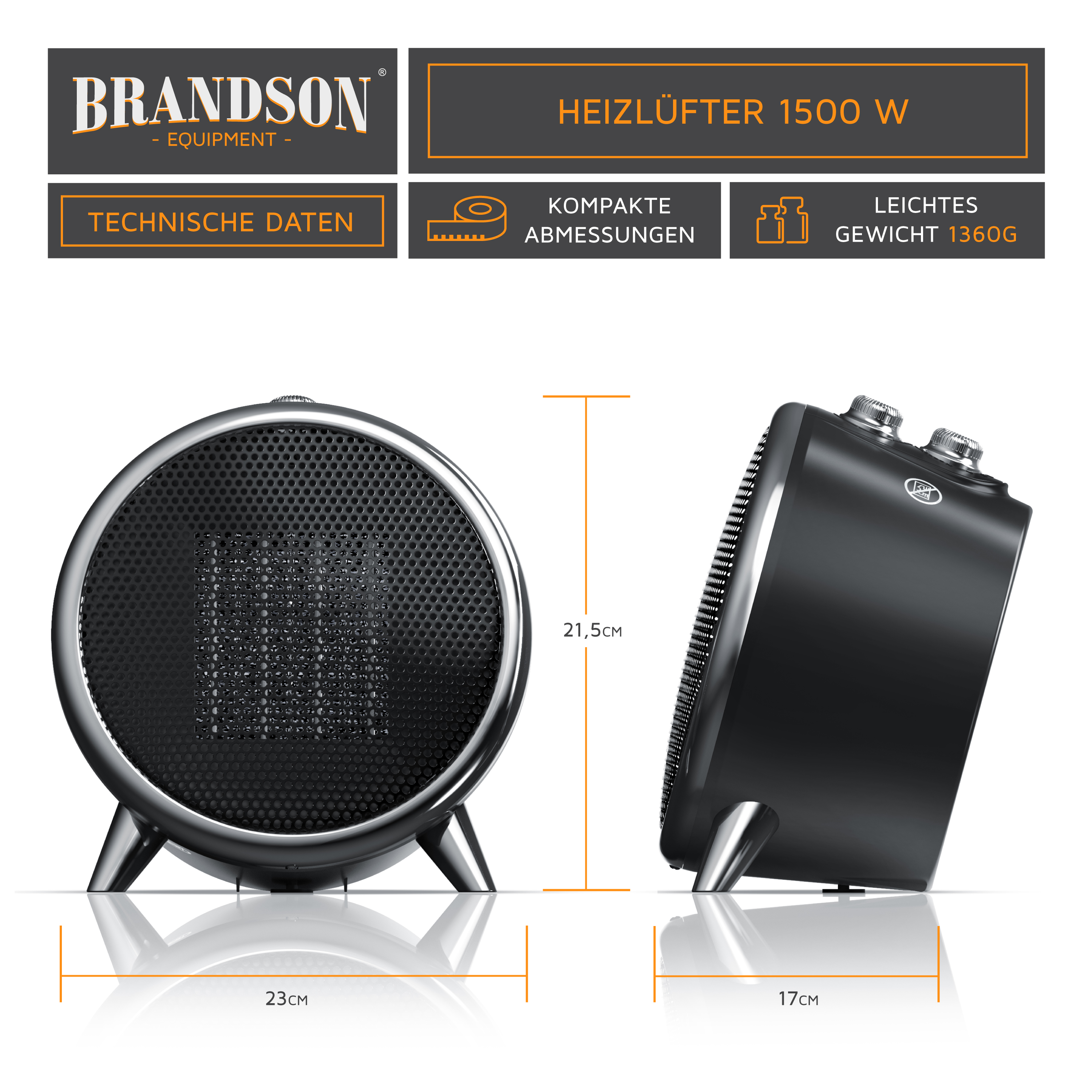 Brandson Heizlüfter in kompaktem Design, schwarz mit runder Front, zwei Drehknöpfen und stabilen Standfüßen.