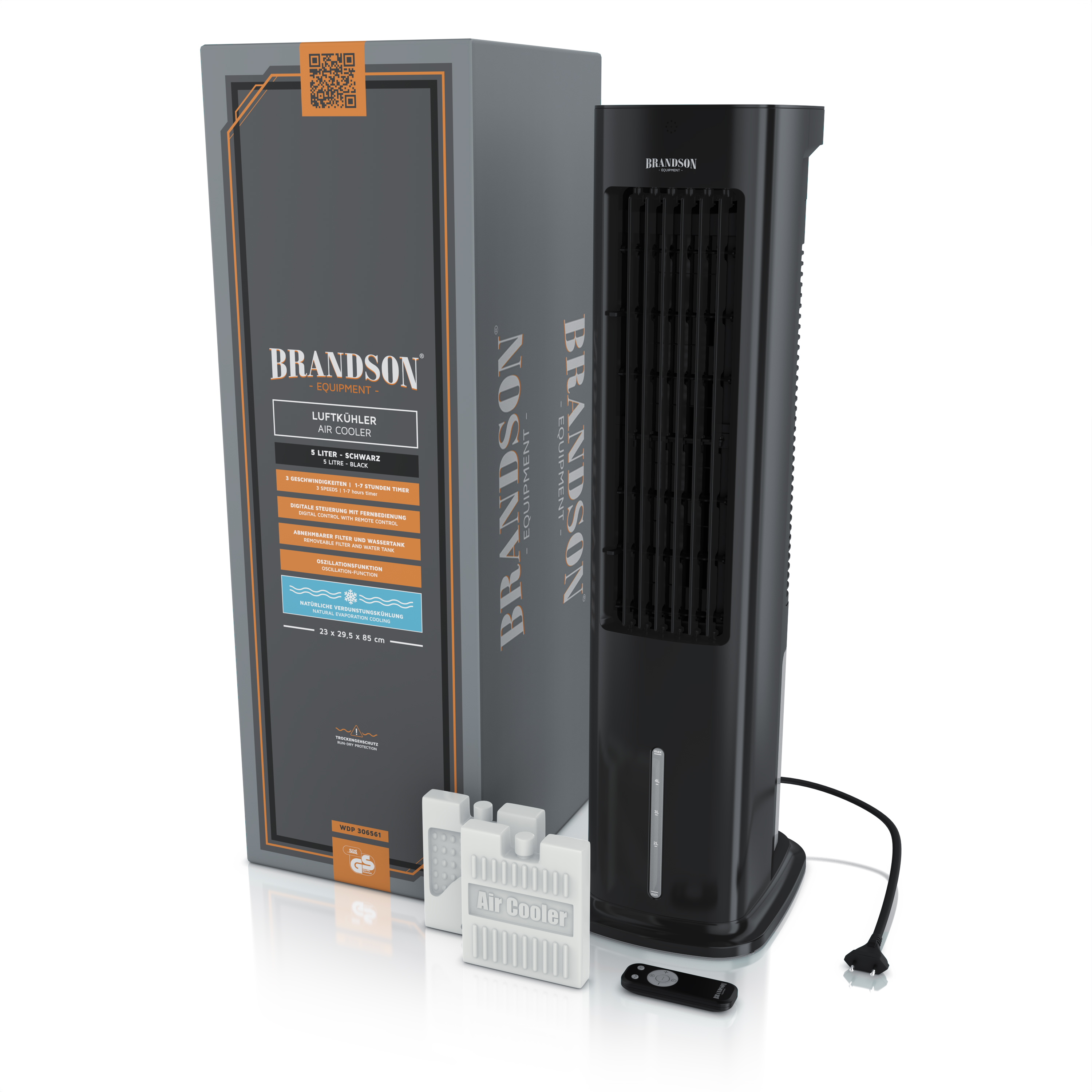 Brandson-Luftkühler in Schwarz mit elegantem Turmdesign, Fernbedienung und Verpackung sowie Wasserfilterzubehör.