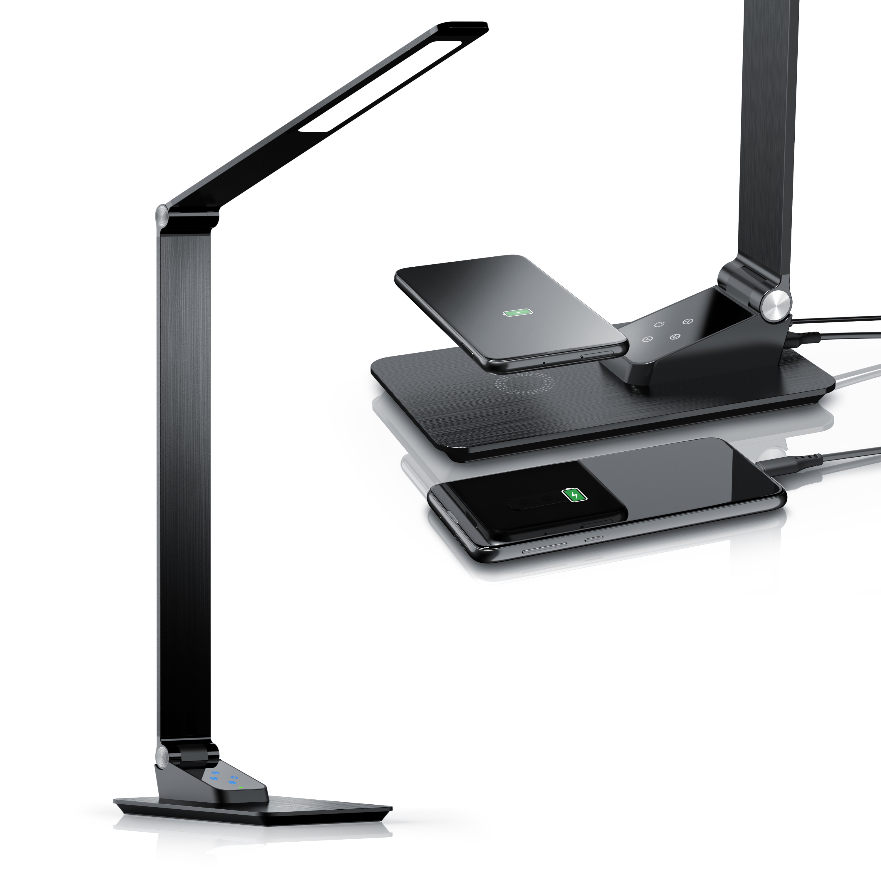 Brandson Schreibtischlampe in Schwarz mit kabelloser Ladefläche und Touch-Bedienfeld, flexibel verstellbar.