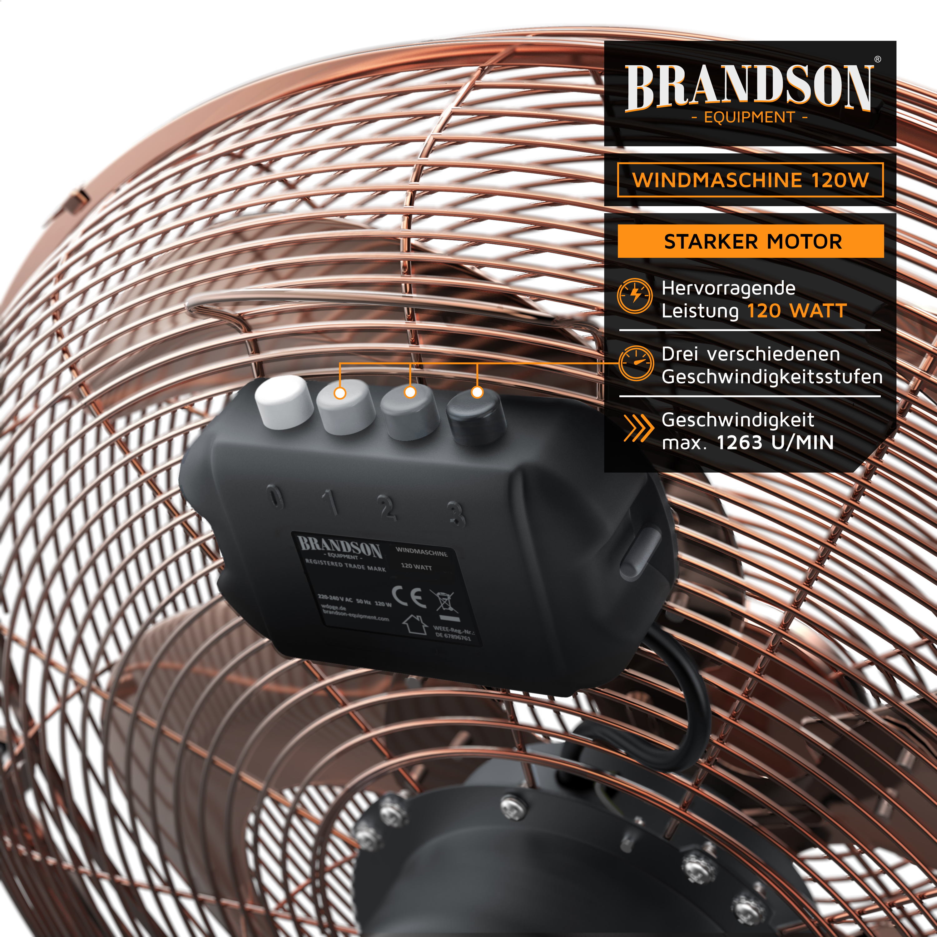 Brandson Windmaschine mit einem starken Motor, sichtbarem Bedienfeld und drei Geschwindigkeitsstufen in einem modernen Design.