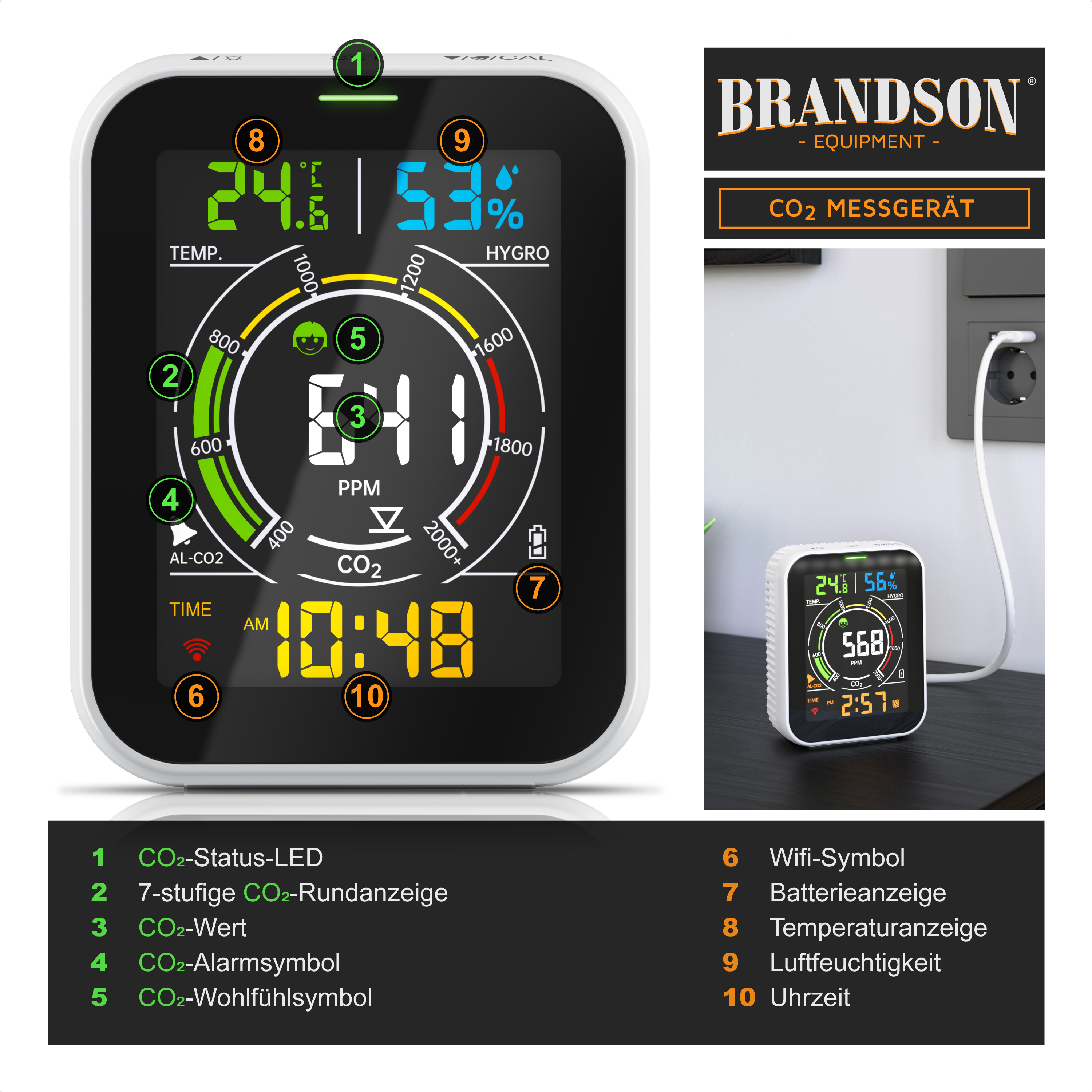 Brandson CO2-Messgerät mit digitaler Anzeige von Temperatur, Luftfeuchtigkeit, CO2-Gehalt und Zeit, kompaktem Design und Stromanschluss.