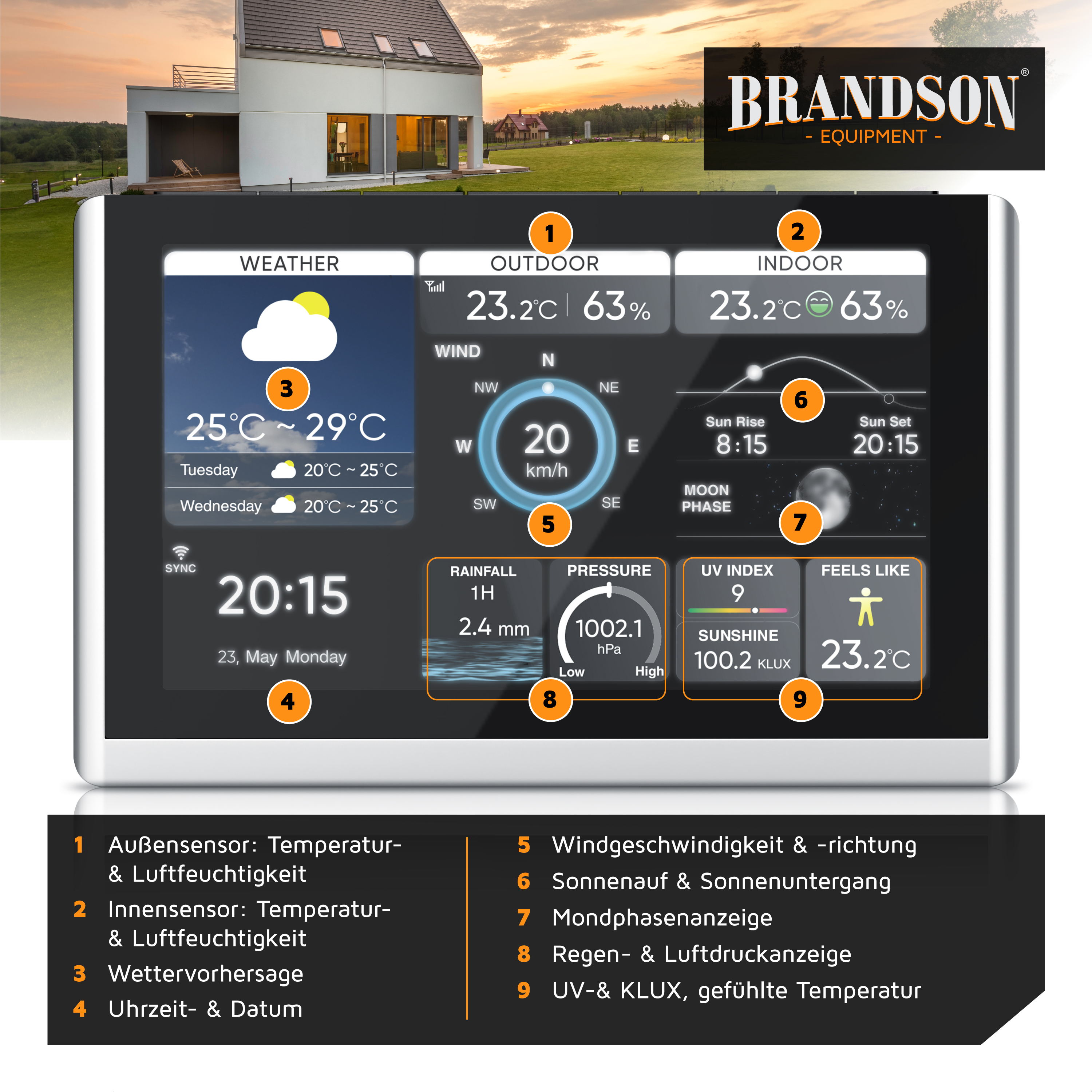 Brandson Wetterstation mit großem Display, zeigt Innen- und Außentemperatur, Luftfeuchtigkeit, Windgeschwindigkeit und Wettervorhersage an.