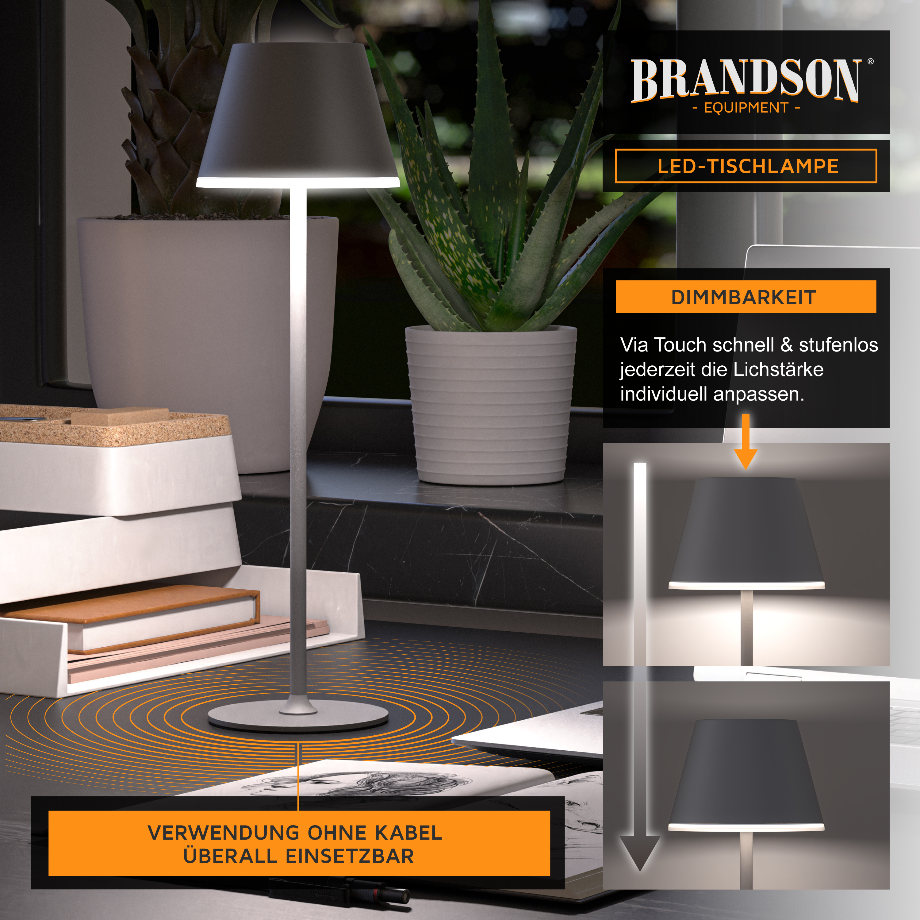 Brandson LED-Tischlampe mit schlankem Design, Touch-Dimmfunktion und einem modernen schwarzen Lampenschirm, platziert auf einem stilvollen Schreibtisch.