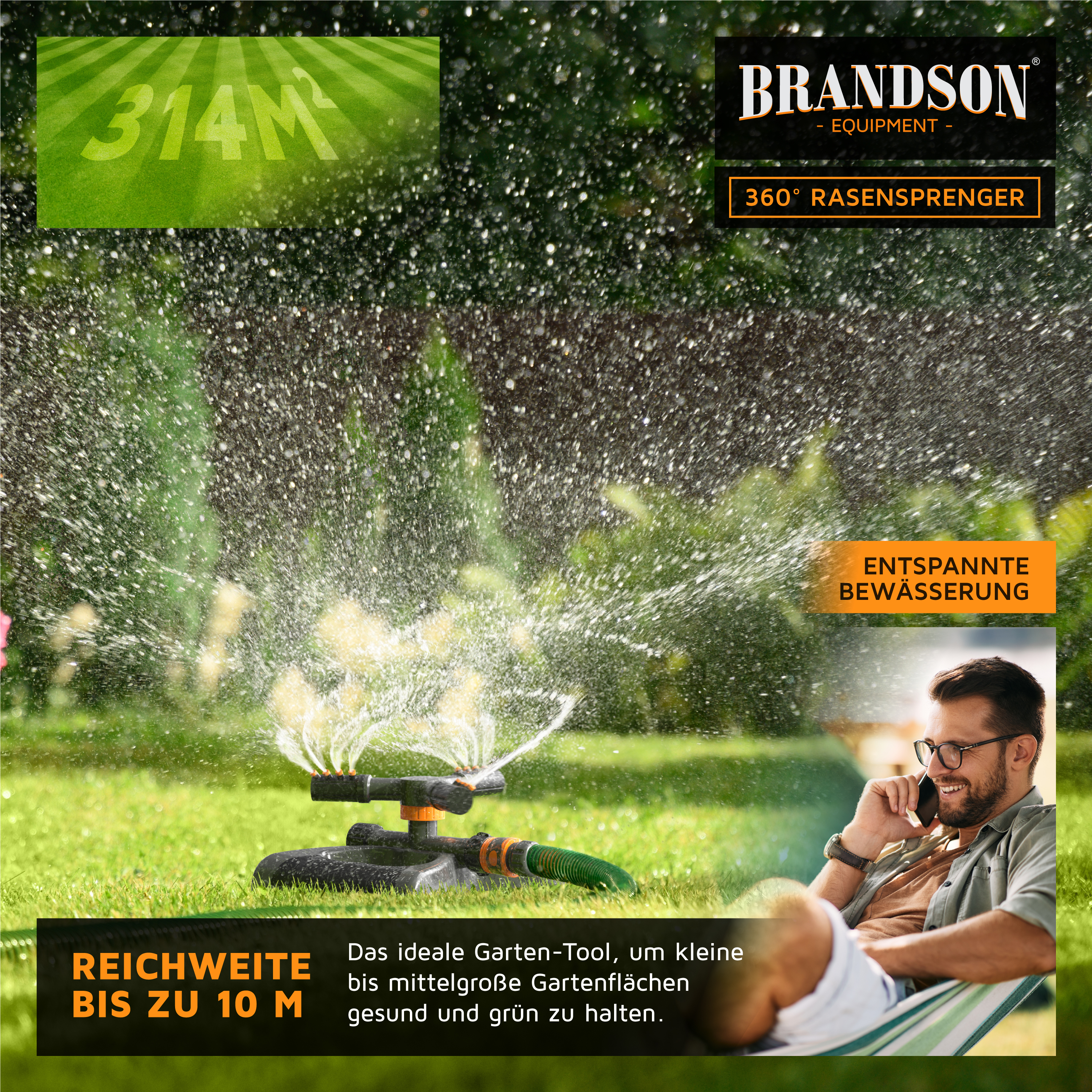 Brandson 360°-Rasensprinkler mit einstellbarem Sprühmuster, schwarzem Sockel und angeschlossenem Gartenschlauch zur Bewässerung eines grünen Rasens.