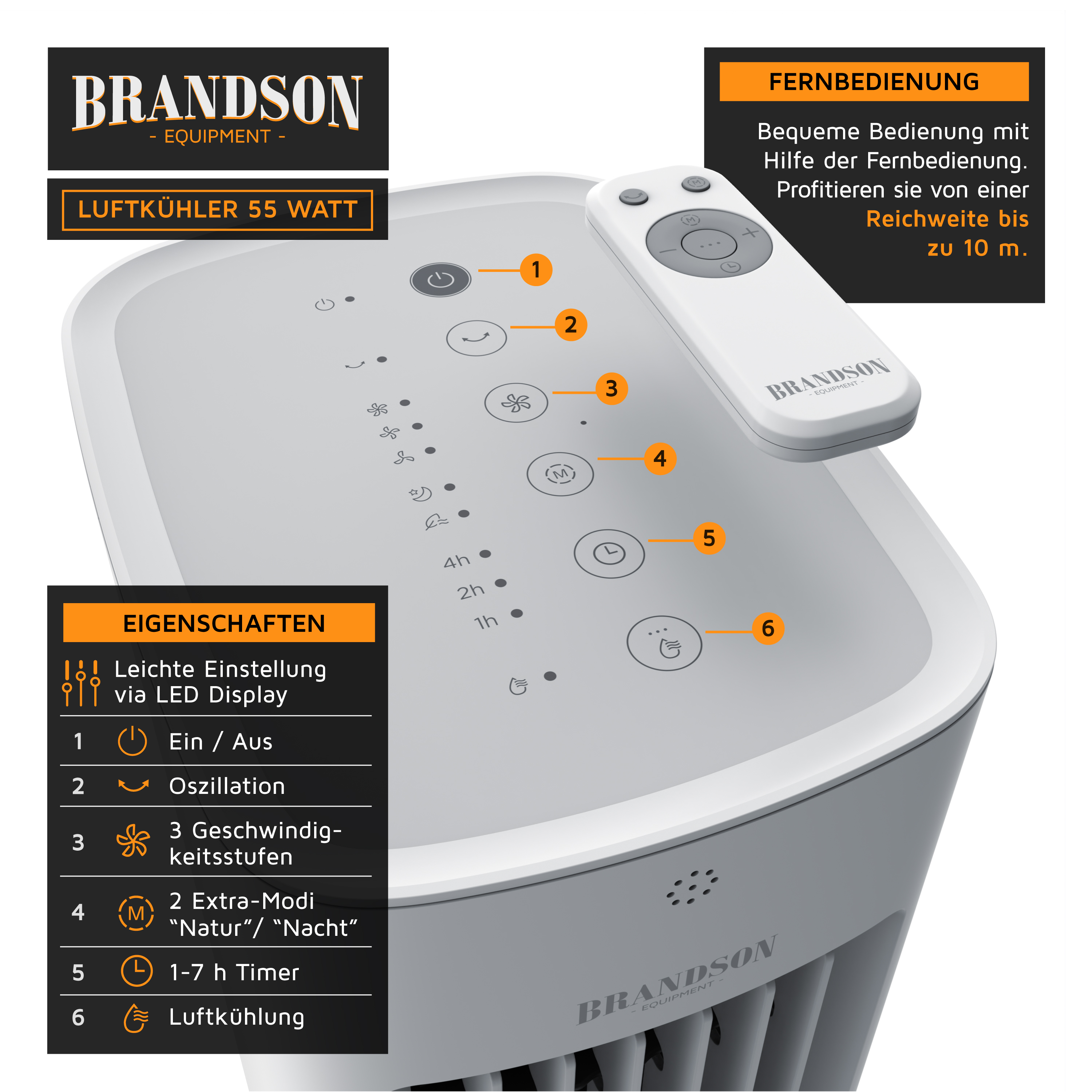 Brandson Luftkühler mit LED-Display, Fernbedienung und verschiedenen Geschwindigkeitsstufen im modernen Design.