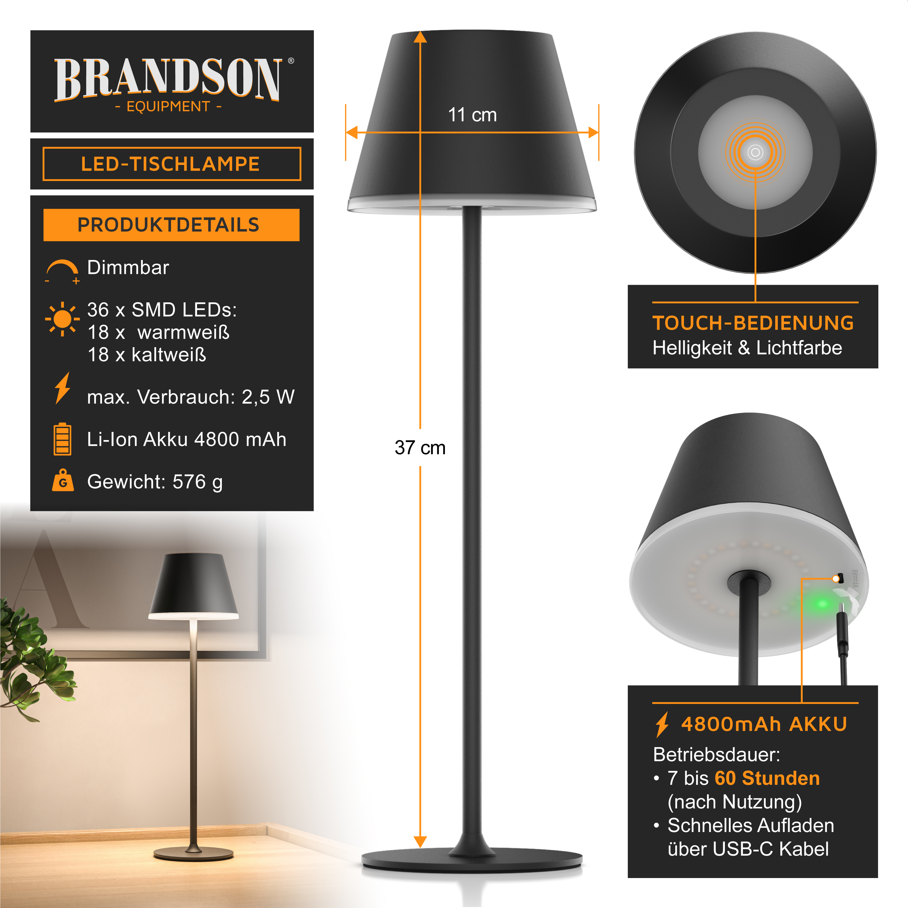 Brandson LED-Tischleuchte mit schwarzem Schirm und Touch-Steuerung für Helligkeit und Lichtfarbe, stehend 37 cm hoch.