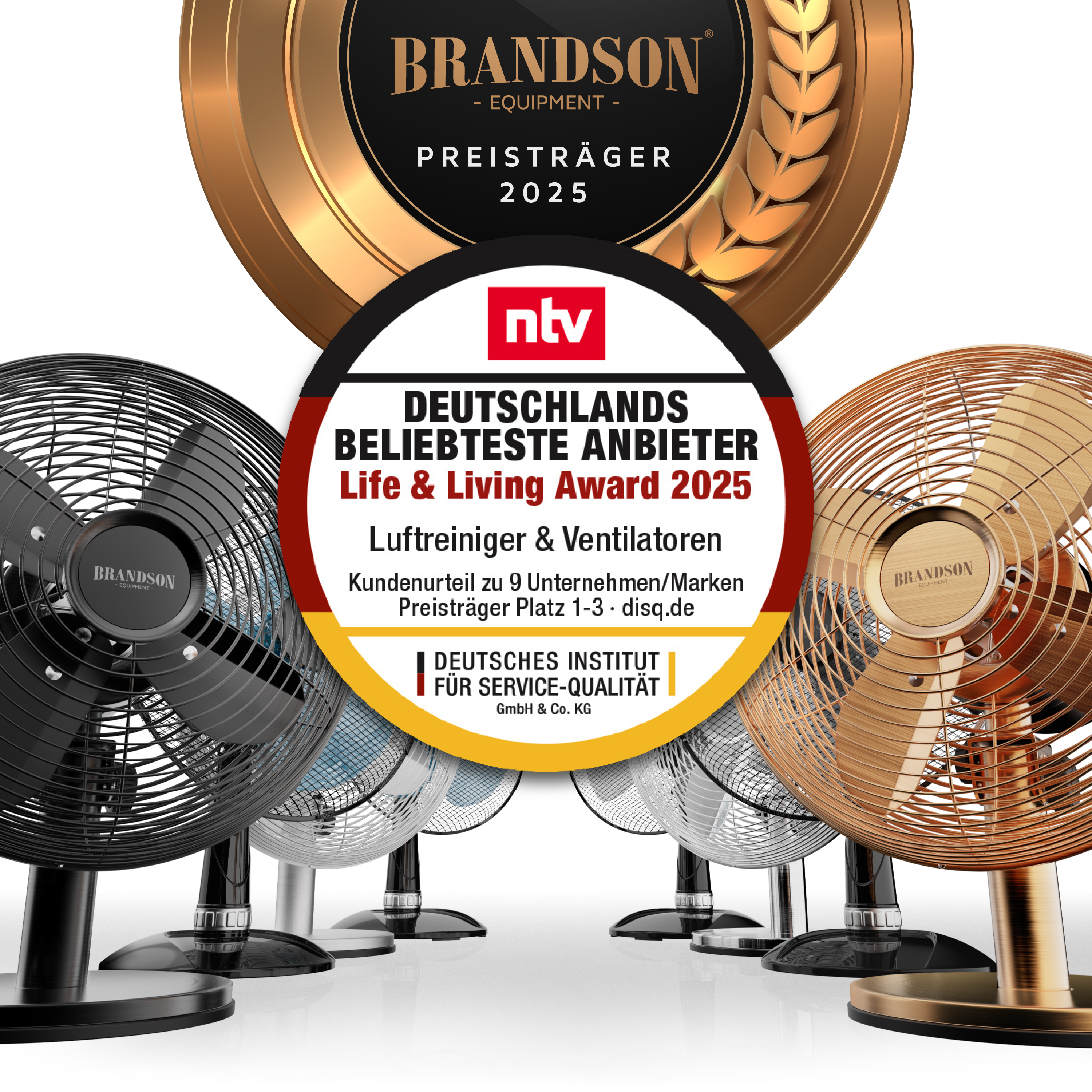 Brandson Ventilatoren in verschiedenen Farben und Designs, mit stabilen Standfüßen und sichtbarem Markenlogo.
