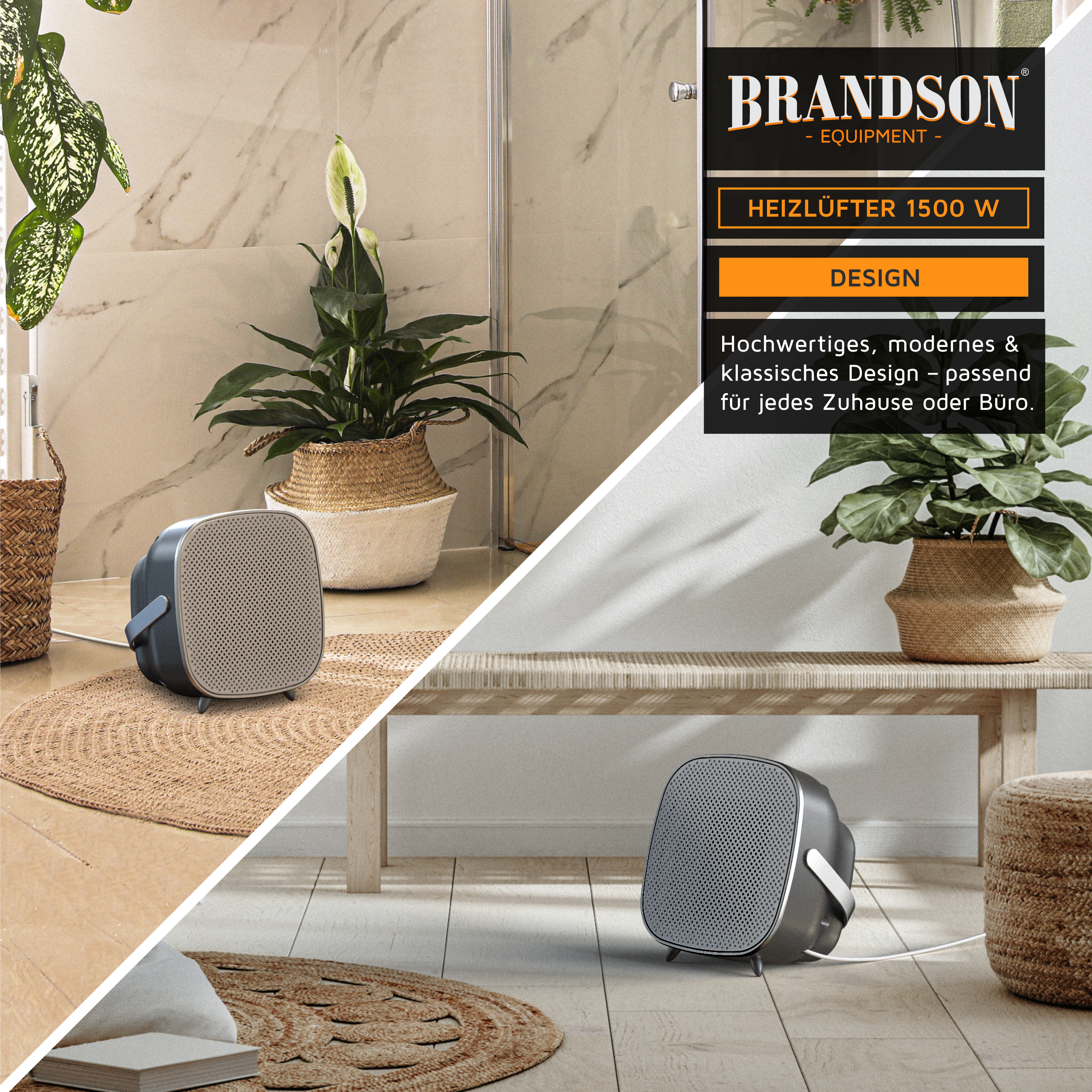 Brandson Heizlüfter mit modernem, quadratischem Design in Grau, ausgestattet mit einem sichtbaren Bedienfeld und einem praktischen Griff.