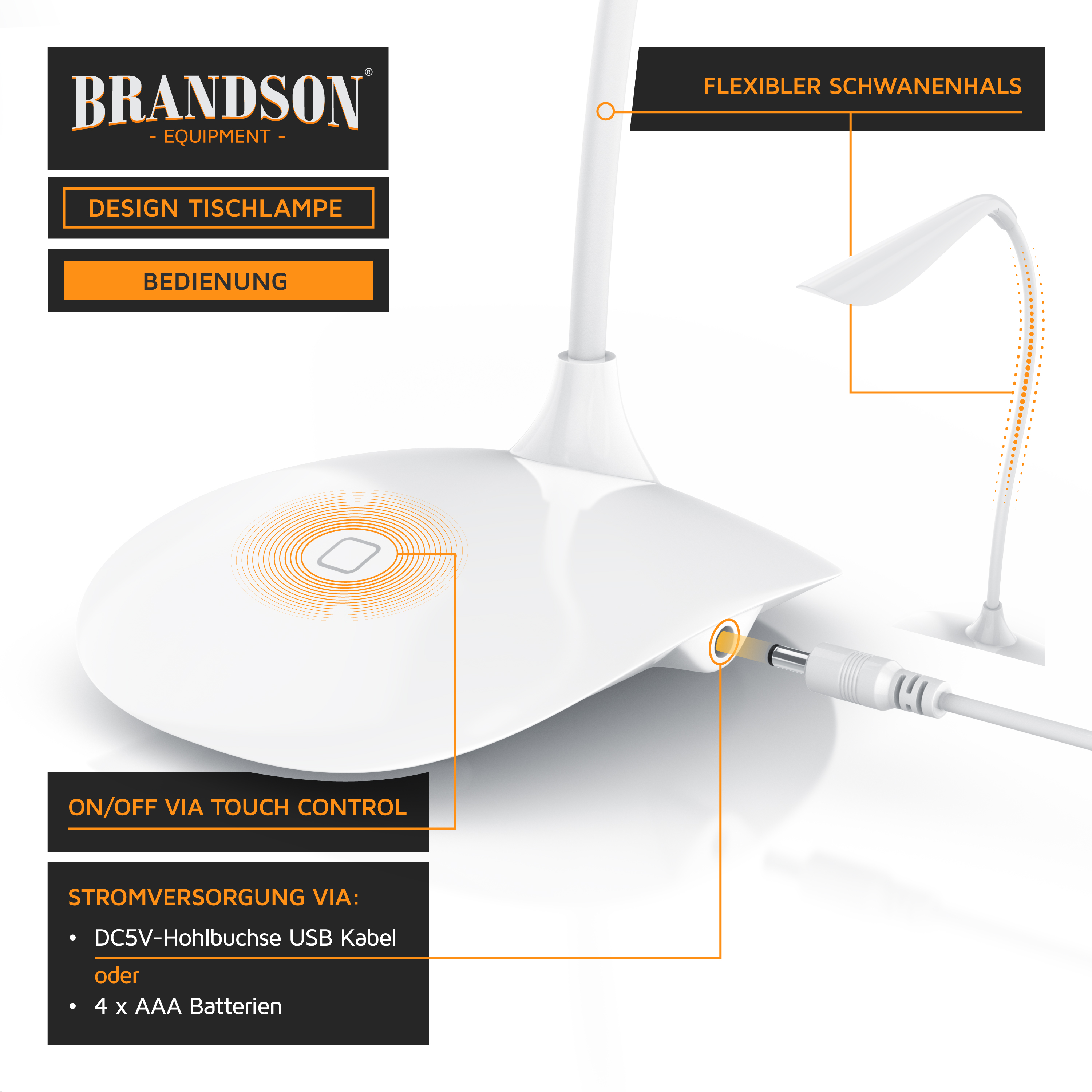 Brandson Tischlampe mit flexiblem Schwanenhals, Touch-Control für Ein/Aus, in Weiß mit USB-Anschluss.