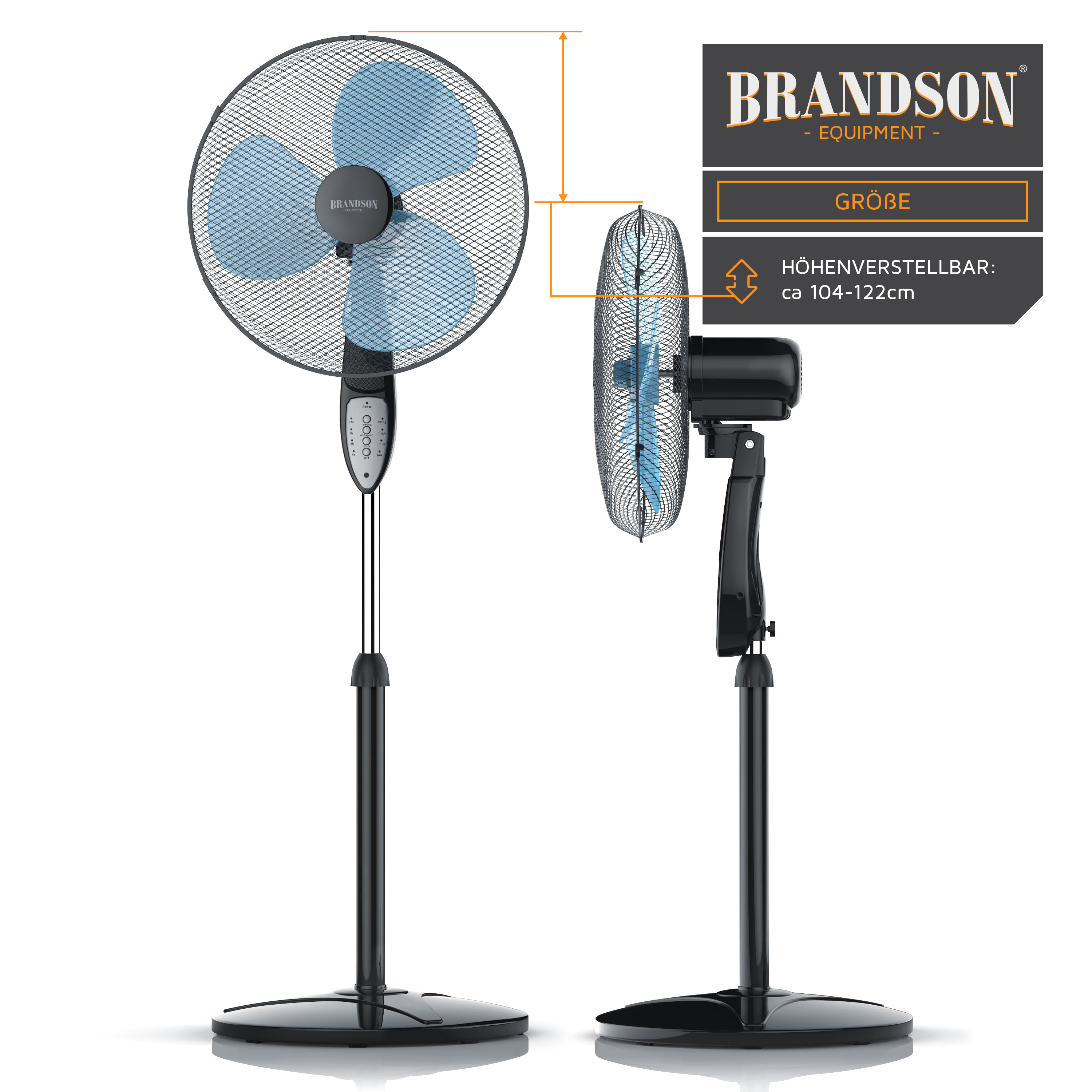 Brandson Standventilator mit höhenverstellbarem Standfuß, schwarzem Gehäuse und blauen Lüfterblättern, Bedienfeld und Fernbedienung.