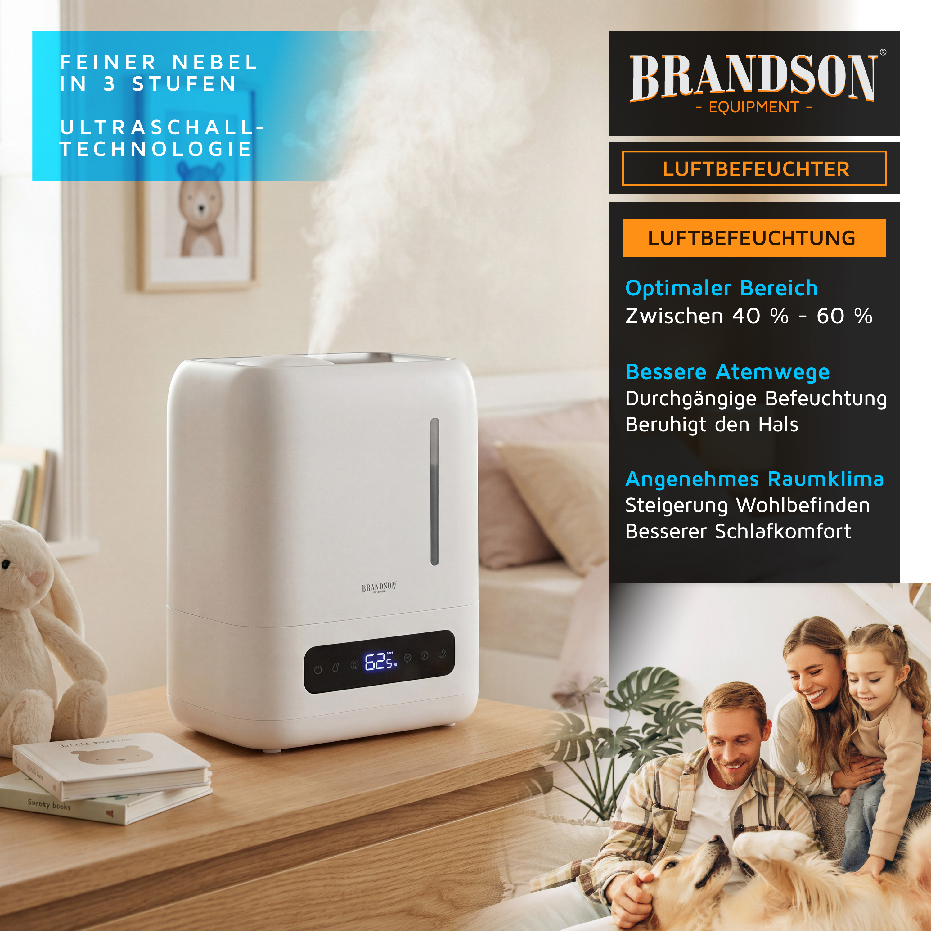 Brandson Luftbefeuchter in Weiß mit digitalem Display und Bedienfeld, erzeugt feinen Nebel in einem Wohnraum.