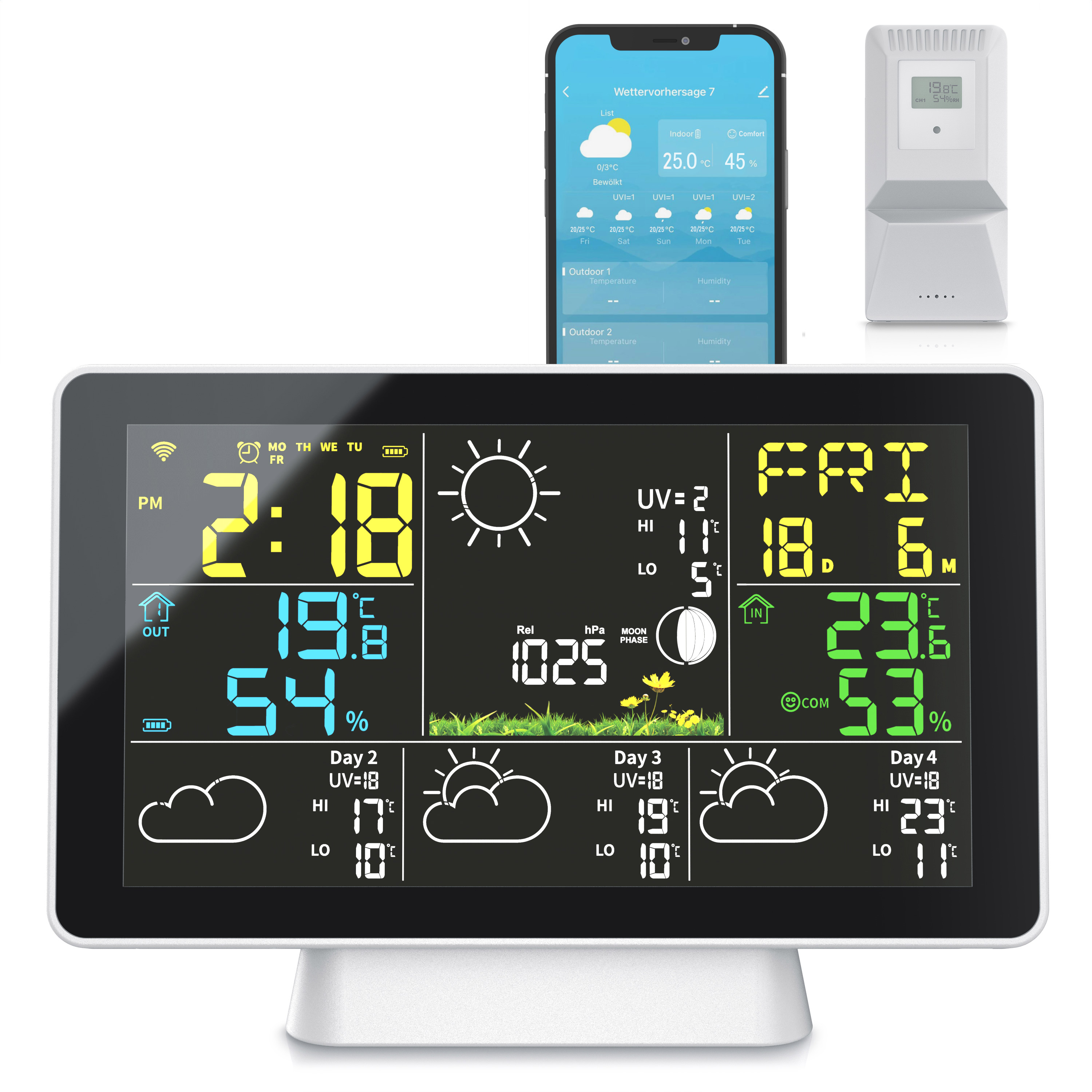 Brandson Wetterstation mit großem farbigen Display, zeigt Uhrzeit, Temperatur, Luftfeuchtigkeit und Wettervorhersage an.