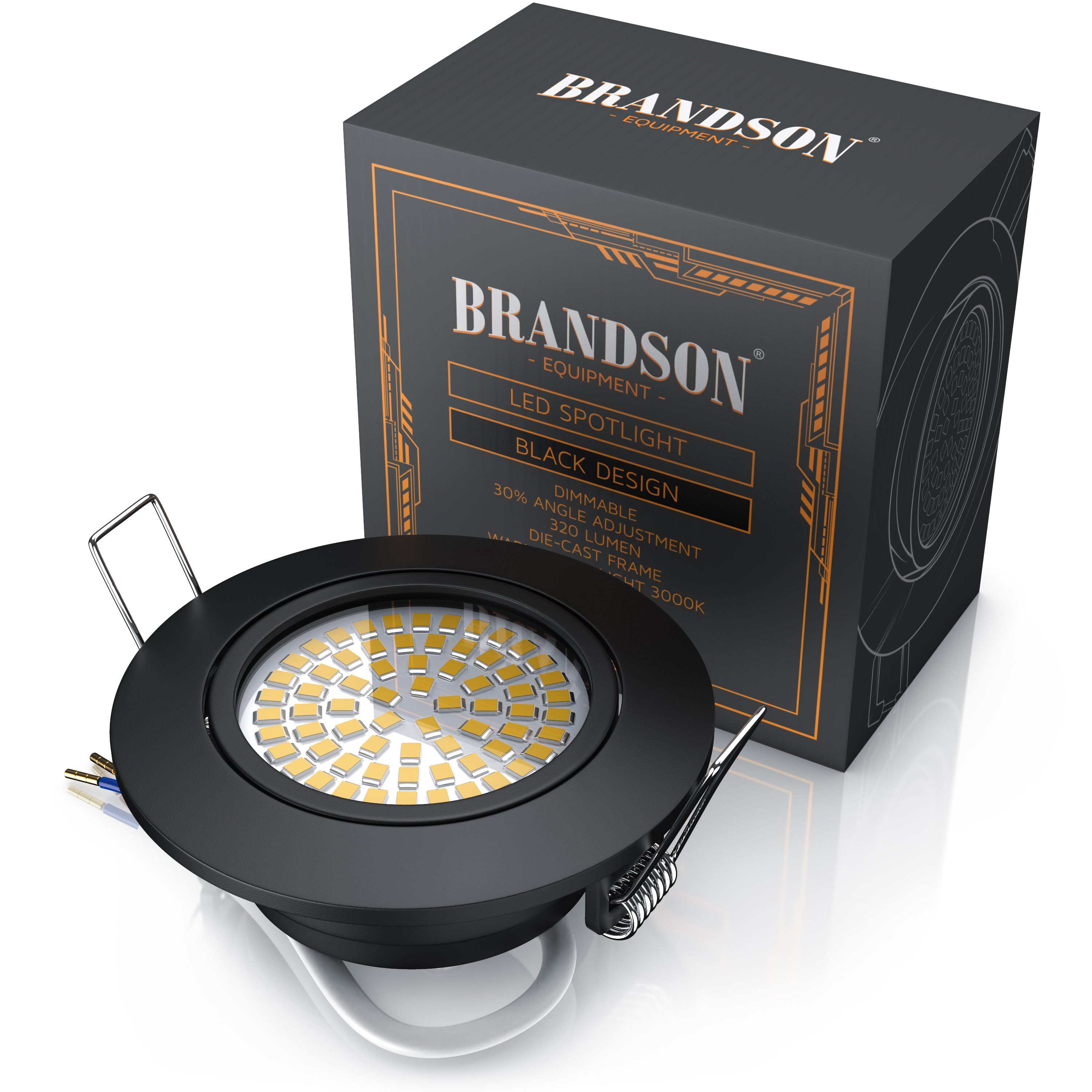 Brandson LED-Strahler im schwarzen Design mit einstellbarem Winkel und Dimmfunktion, neben der Verpackung platziert.