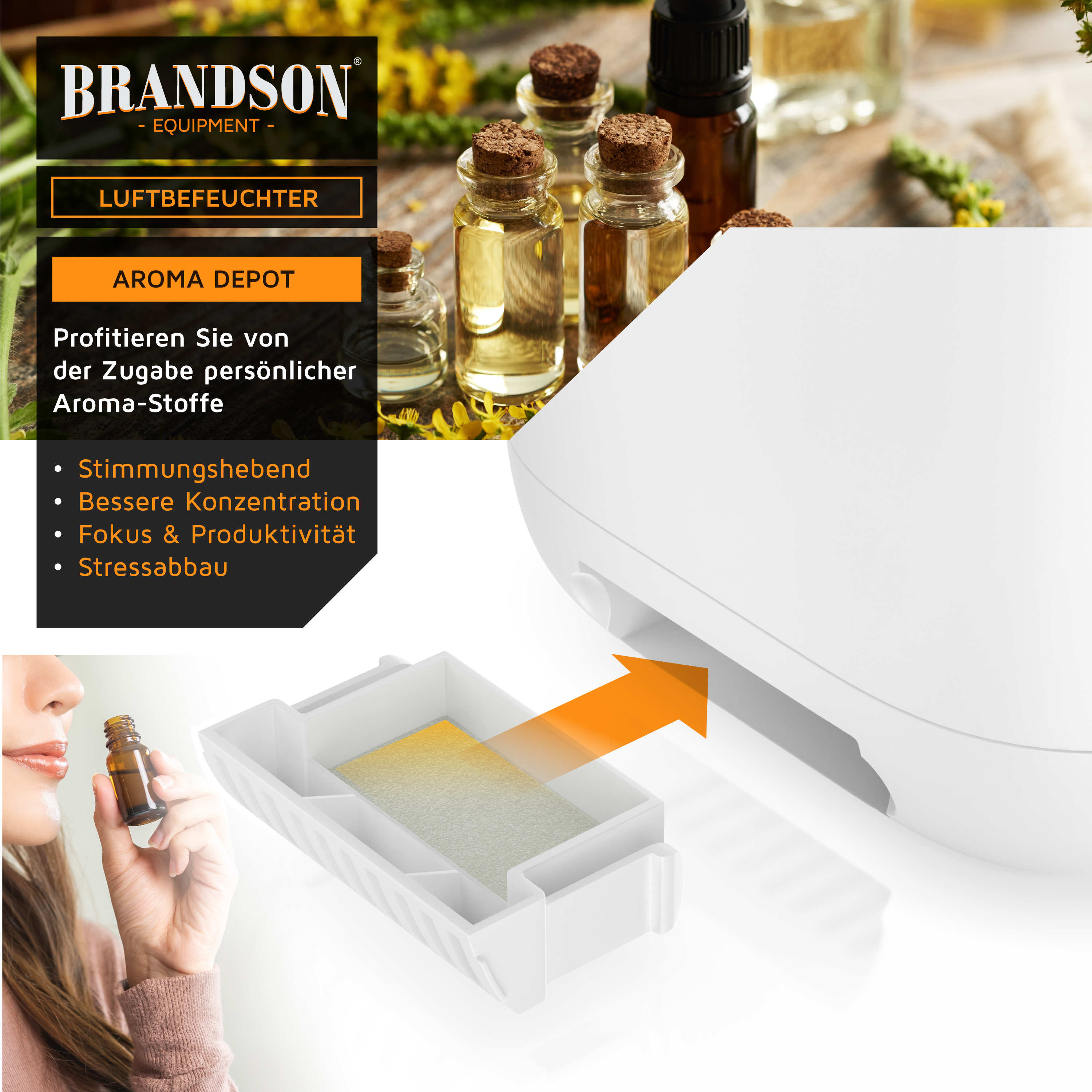 Brandson Luftbefeuchter mit Aroma Depot zur Zugabe von ätherischen Ölen, in weißem Design mit einem praktischen Einfüllschacht.