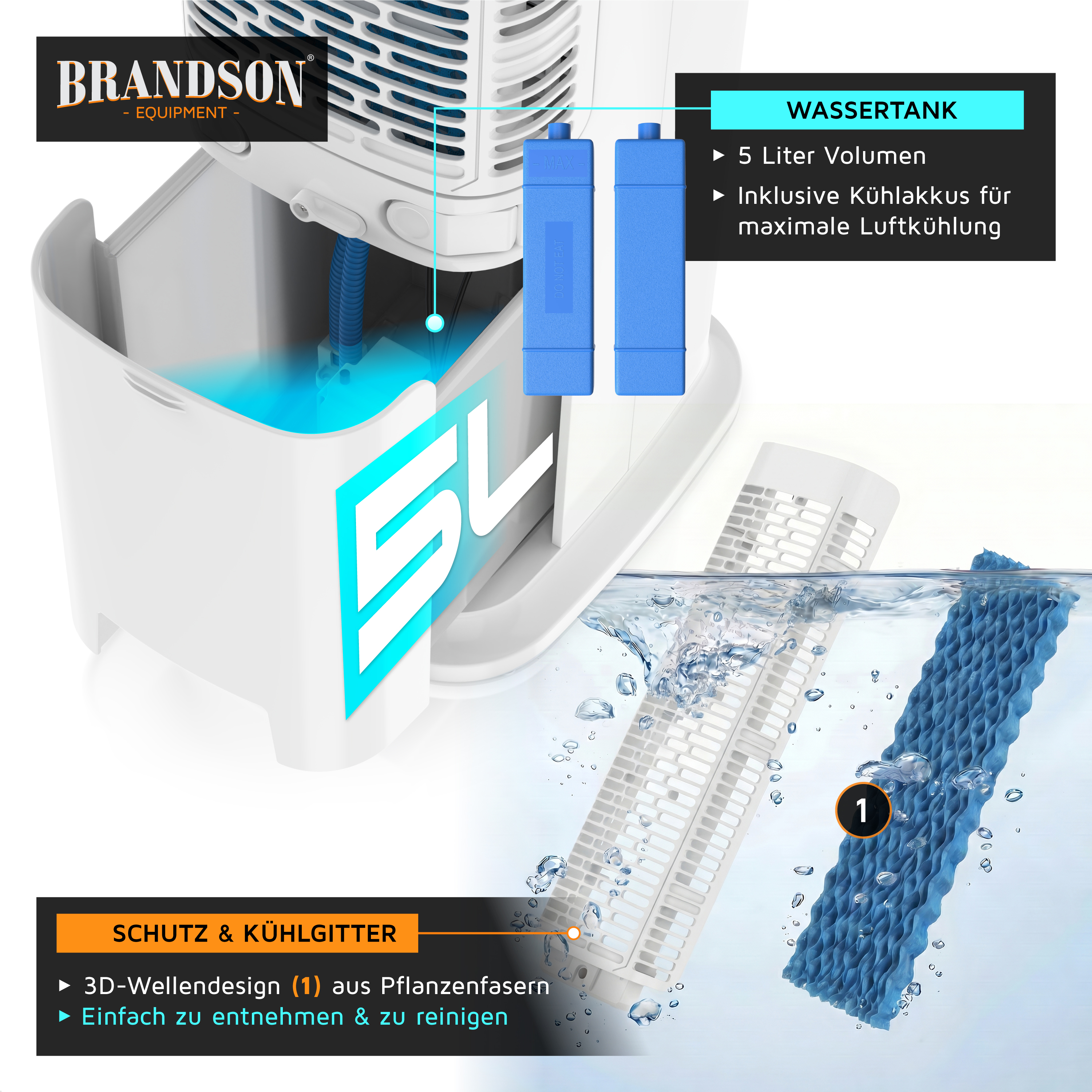 Mobiler Luftkühler von Brandson mit einem 5-Liter-Wassertank, blauen Kühlakkus und einem 3D-Wellendesign für eine einfache Reinigung.