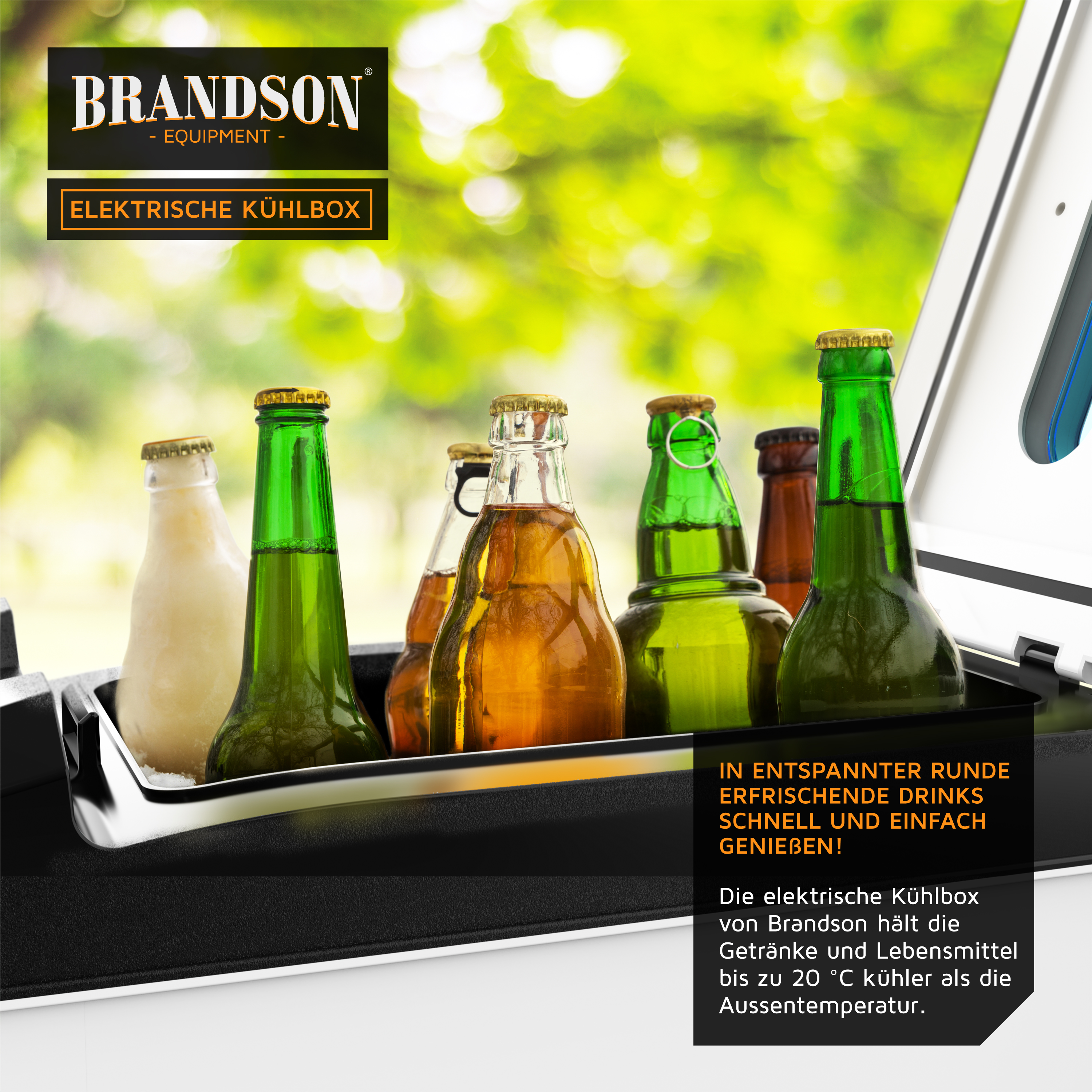 Brandson elektrische Kühlbox mit verschiedenen Getränken, schwarzem Korpus und silbernem Rand, ideal für den Außenbereich.