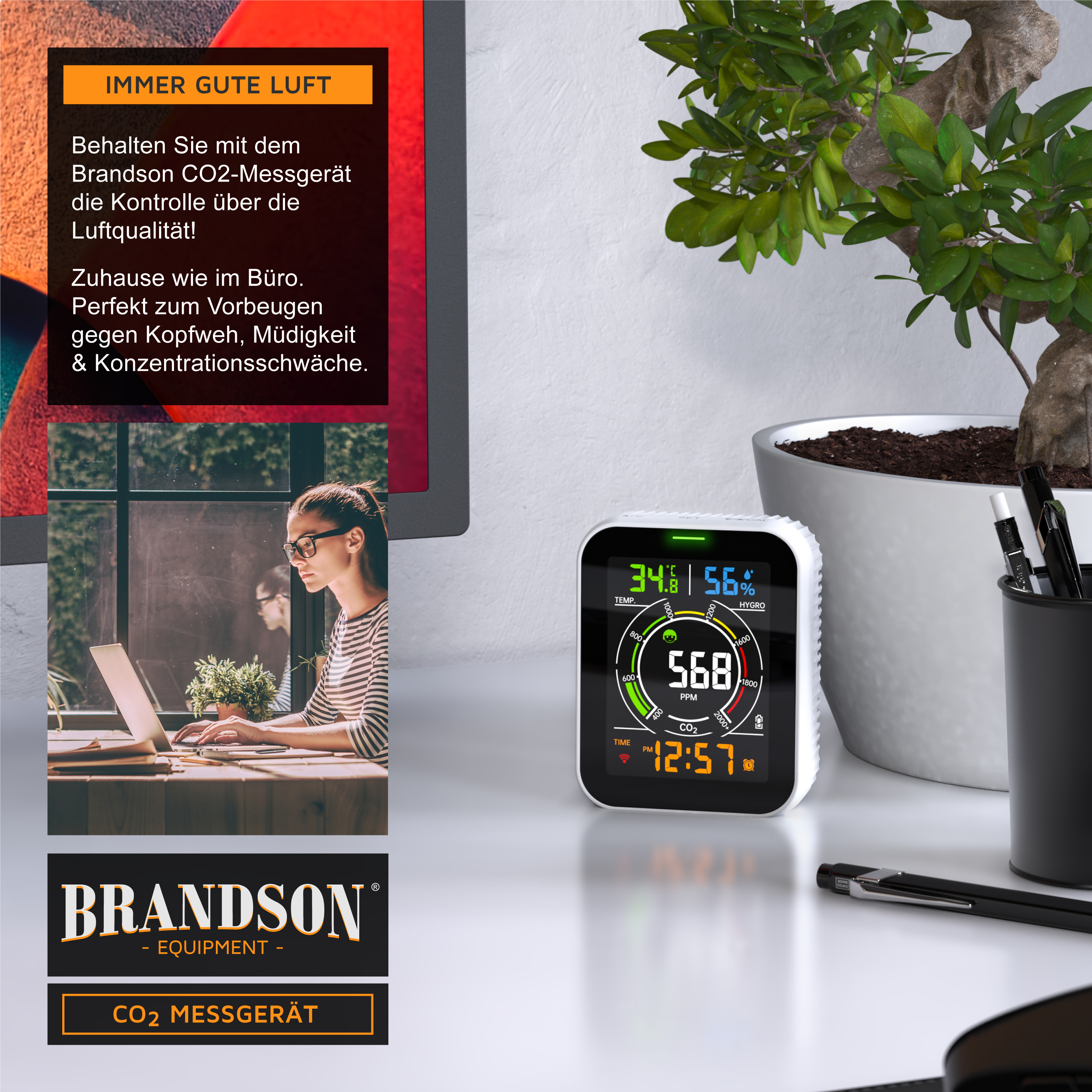 Brandson CO2-Messgerät mit digitalem Display, zeigt CO2-Werte, Temperatur und Luftfeuchtigkeit in einem kompakten, weißen Gehäuse.