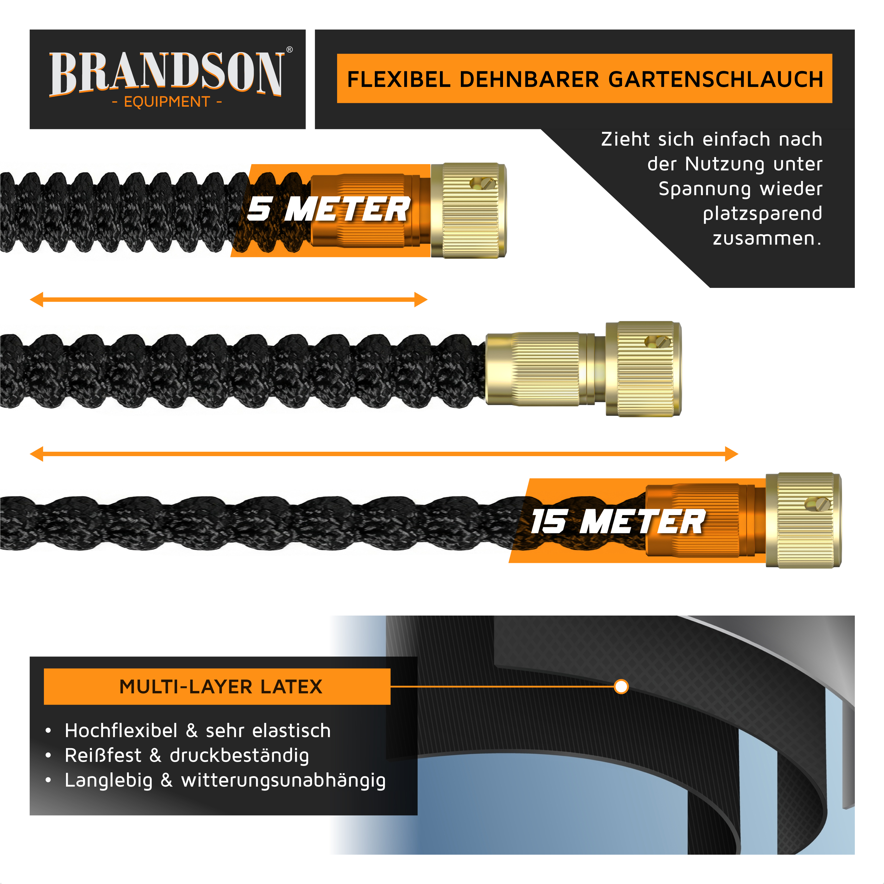 Der flexible, erweiterbare Gartenschlauch von Brandson in Schwarz mit goldenen Anschlüssen ist in den Längen 5 Meter und 15 Meter erhältlich und für eine einfache Lagerung konzipiert.