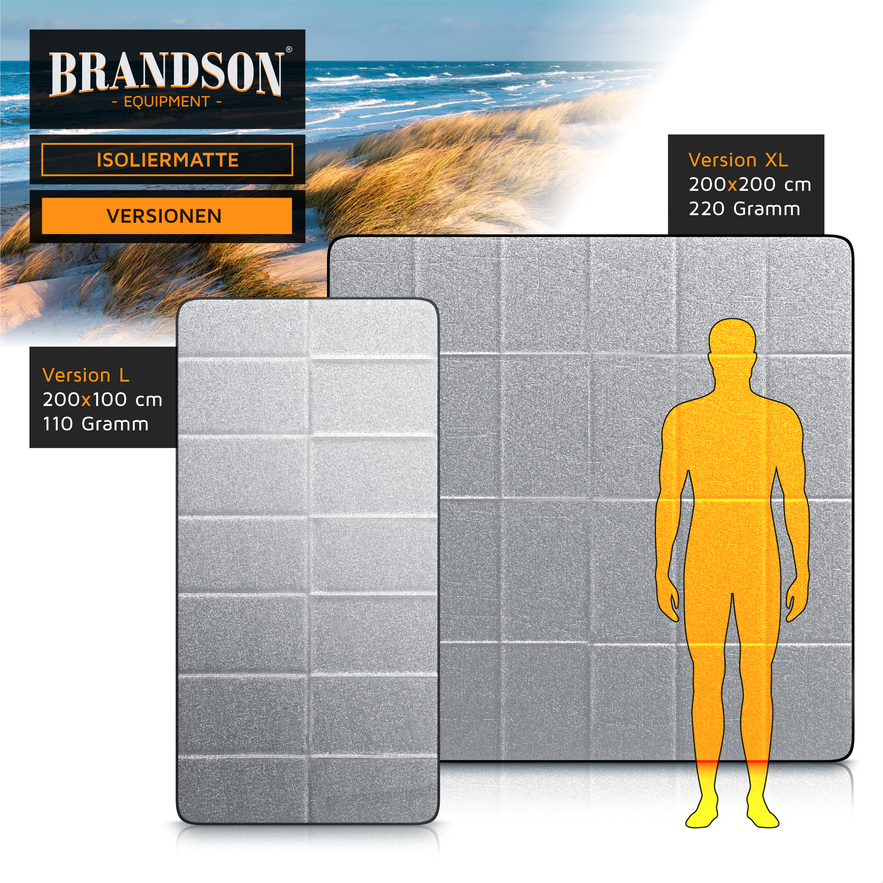 Brandson Isoliermatte in zwei Größen, silberfarben mit strukturiertem Design, geeignet für den Einsatz im Freien.
