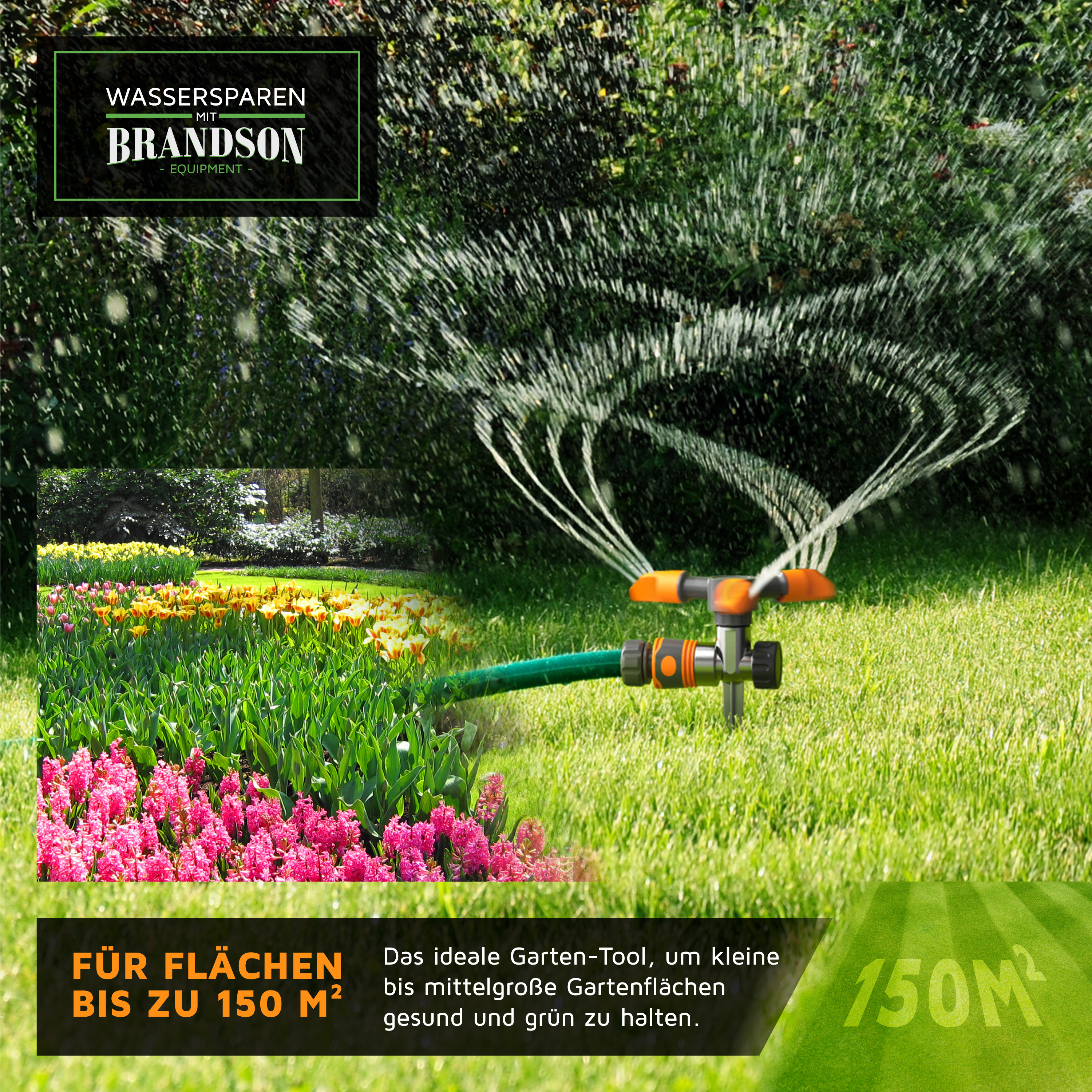 Brandson Sprinkler für die Bewässerung von Gartenflächen bis zu 150 m², mit orangefarbenen Düsen und grünem Schlauchanschluss.