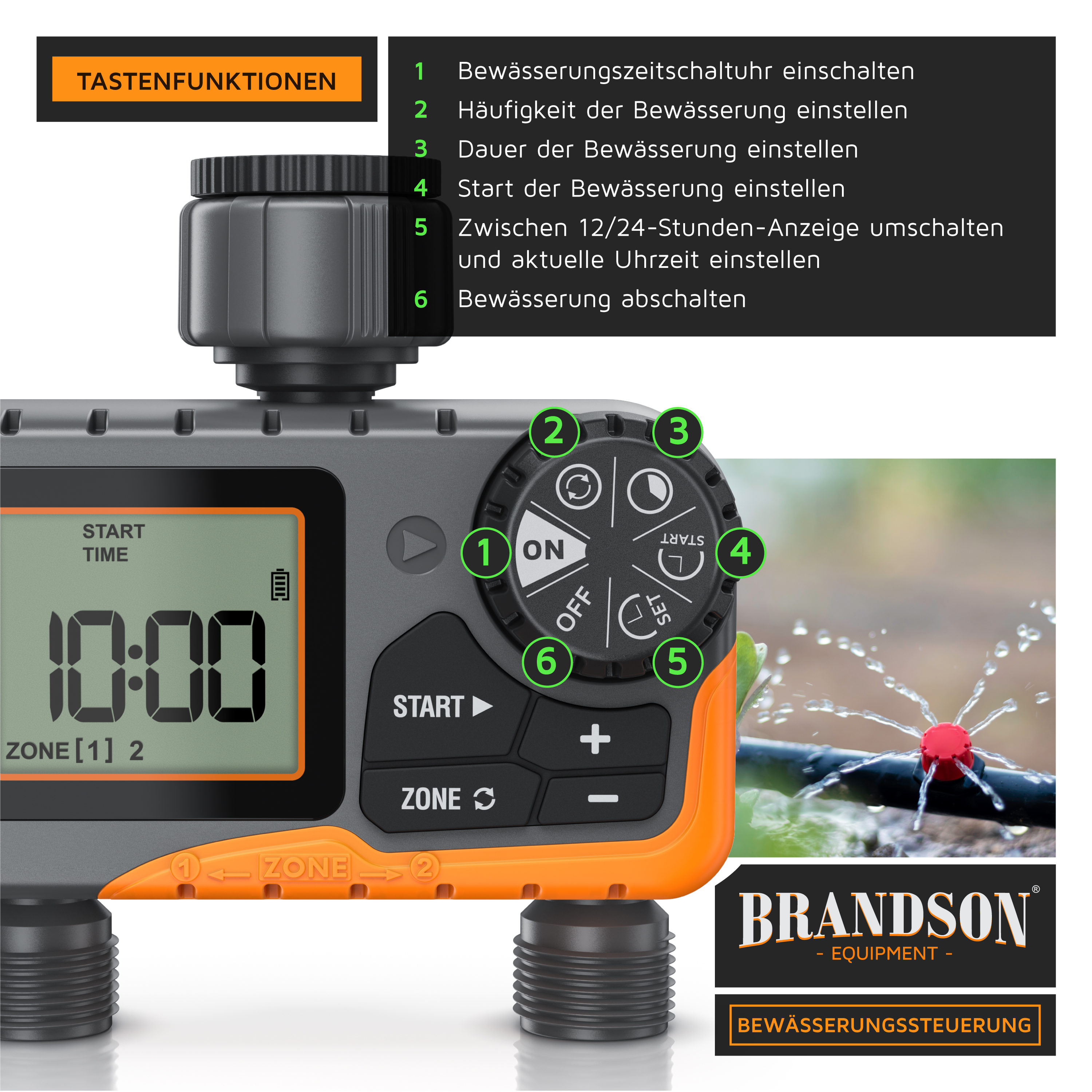 Brandson Bewässerungssteuerung mit digitalem Display, orangefarbenem Gehäuse und verschiedenen Tasten zur Einstellung der Bewässerung.
