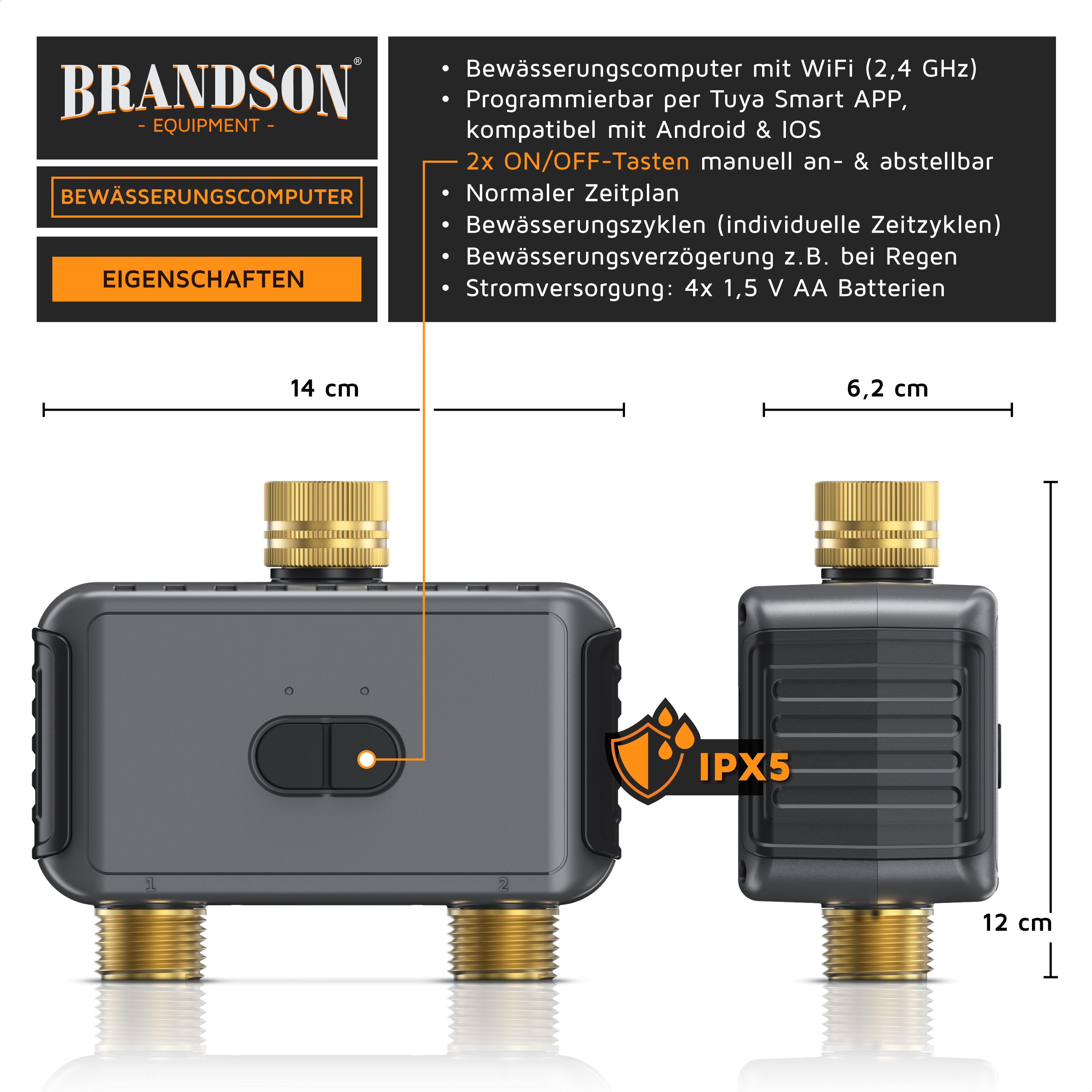 Brandson Bewässerungscomputer mit WiFi, zwei ON/OFF-Tasten, IPX5, programmierbar über Tuya Smart APP, in grauem Gehäuse.