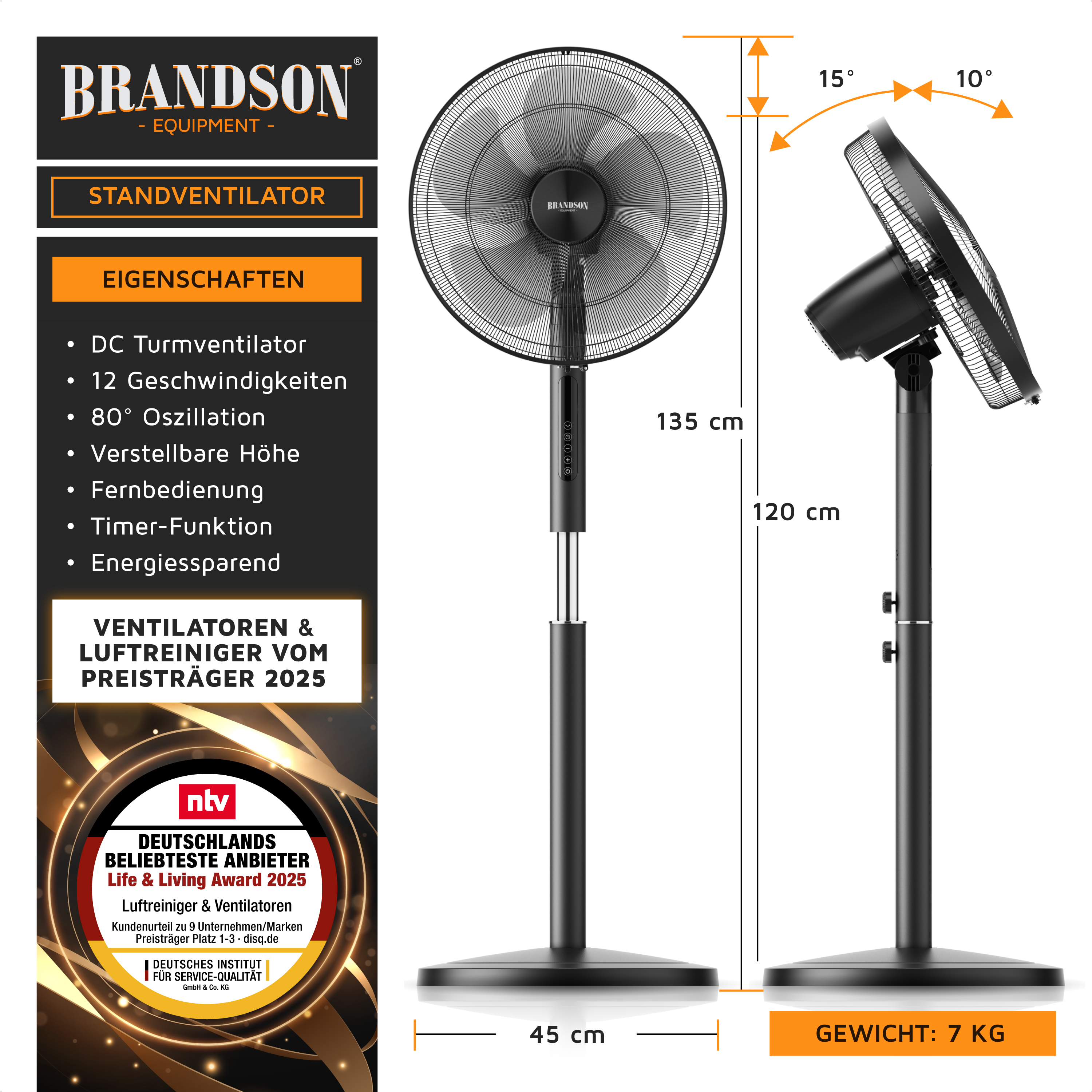 Brandson Standventilator in Schwarz mit verstellbarer Höhe, Fernbedienung und 12 Geschwindigkeitsstufen, ideal für den Innenbereich.