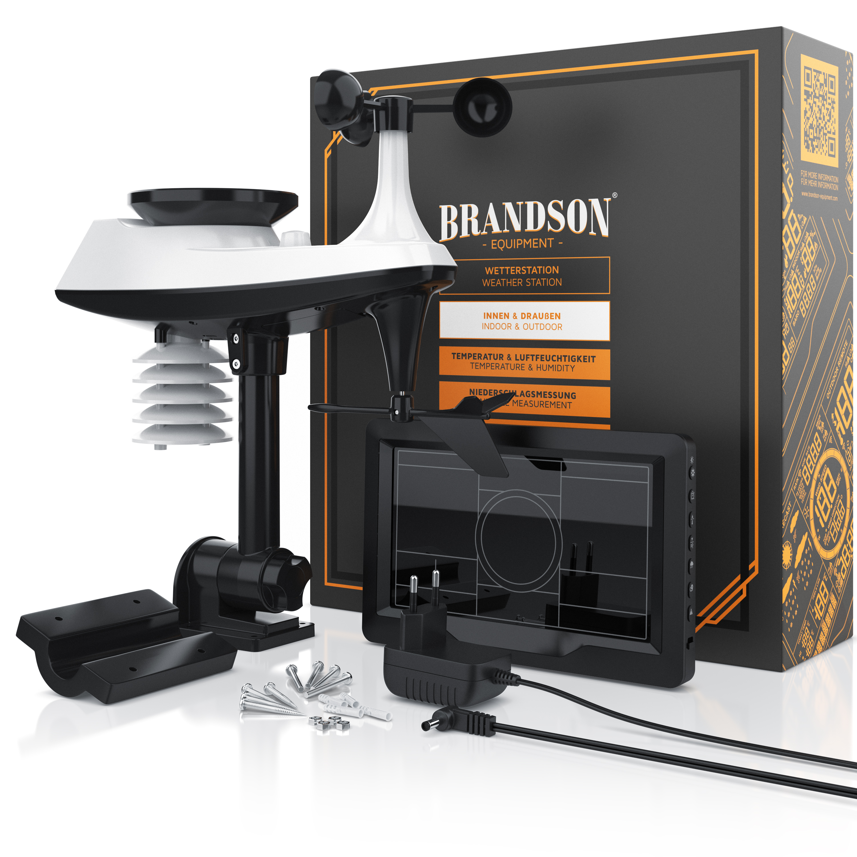 Brandson Wetterstation mit Sensoren, schwarzem Display und Zubehör für Innen- und Außeneinsatz, verpackt in einer stabilen Box.