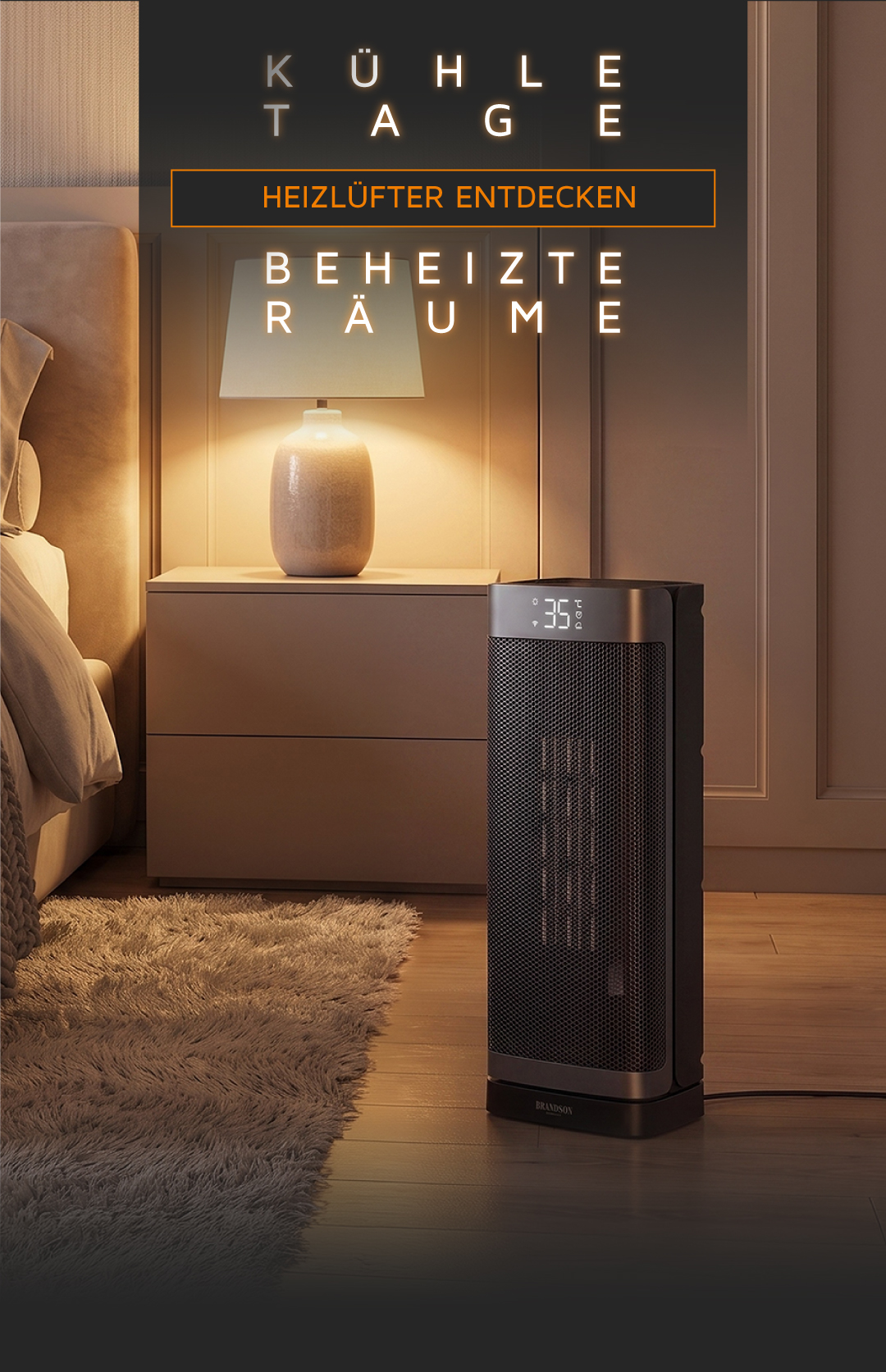 Brandson-Keramikturmheizer in einem Schlafzimmer mit einer Digitalanzeige, die 35 Grad anzeigt, auf einem Holzboden neben einem Nachttisch platziert.