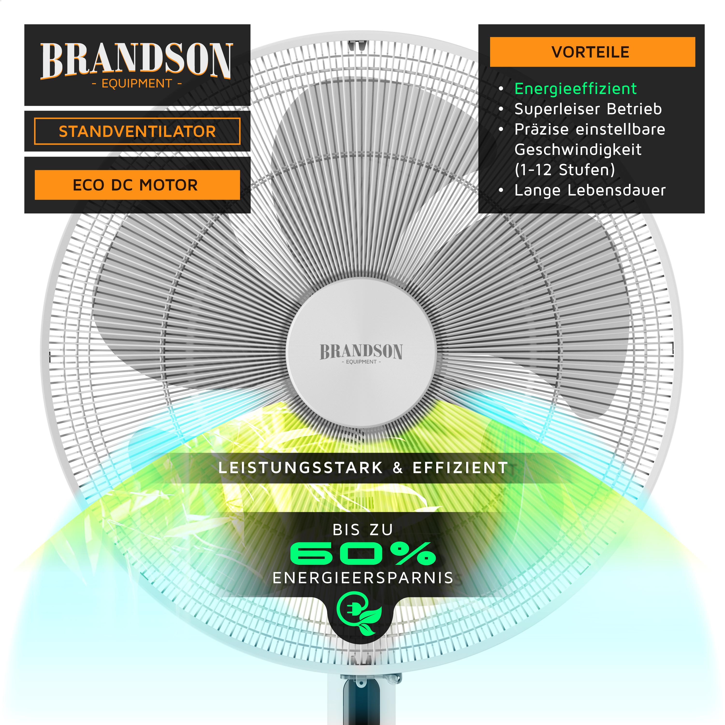 Brandson Standventilator mit ECO DC Motor, silberner Bauform, präzise einstellbarer Geschwindigkeit und modernem Design.