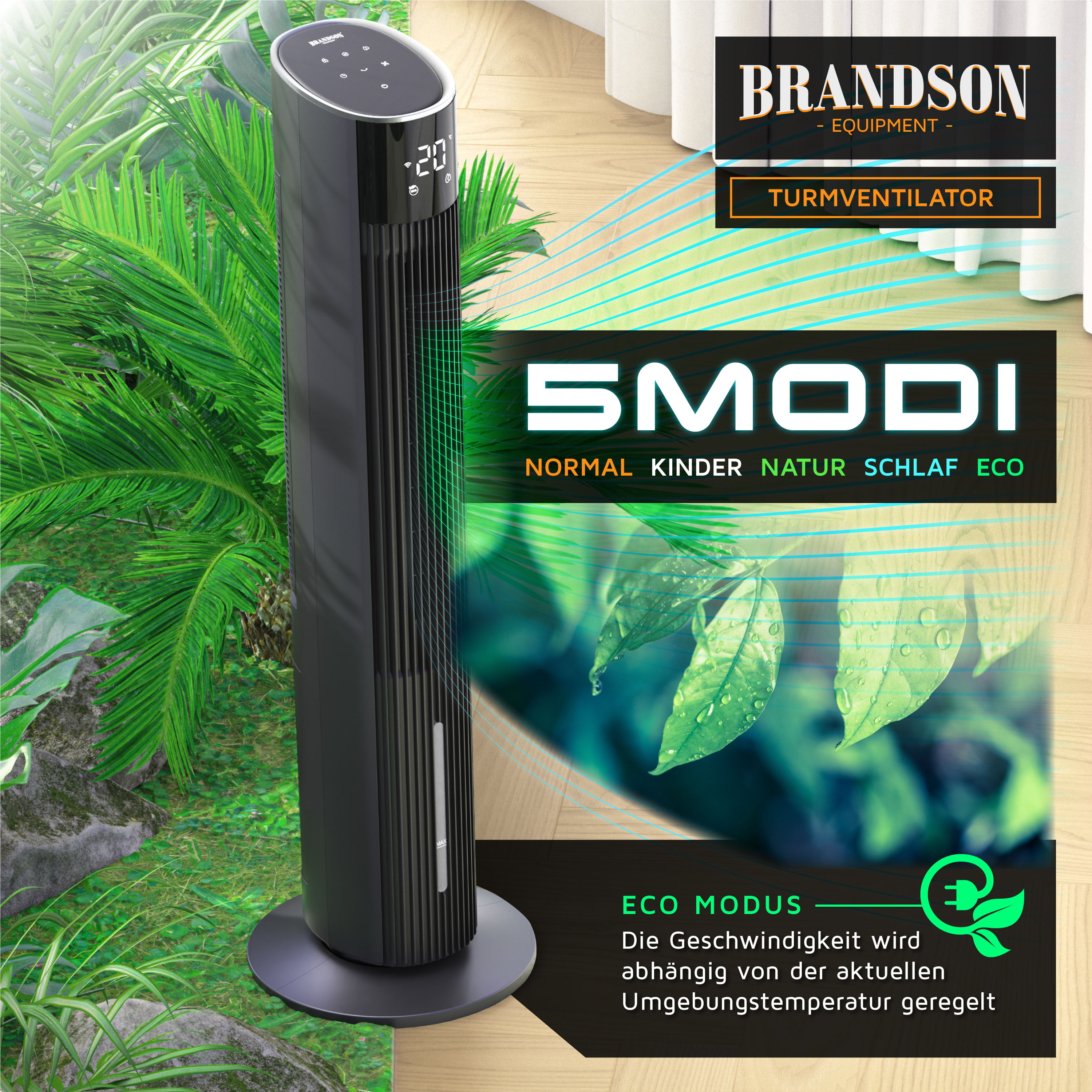 Brandson Turmventilator in Schwarz mit digitalem Display und fünf Modi, ideal für verschiedene Nutzungssituationen.