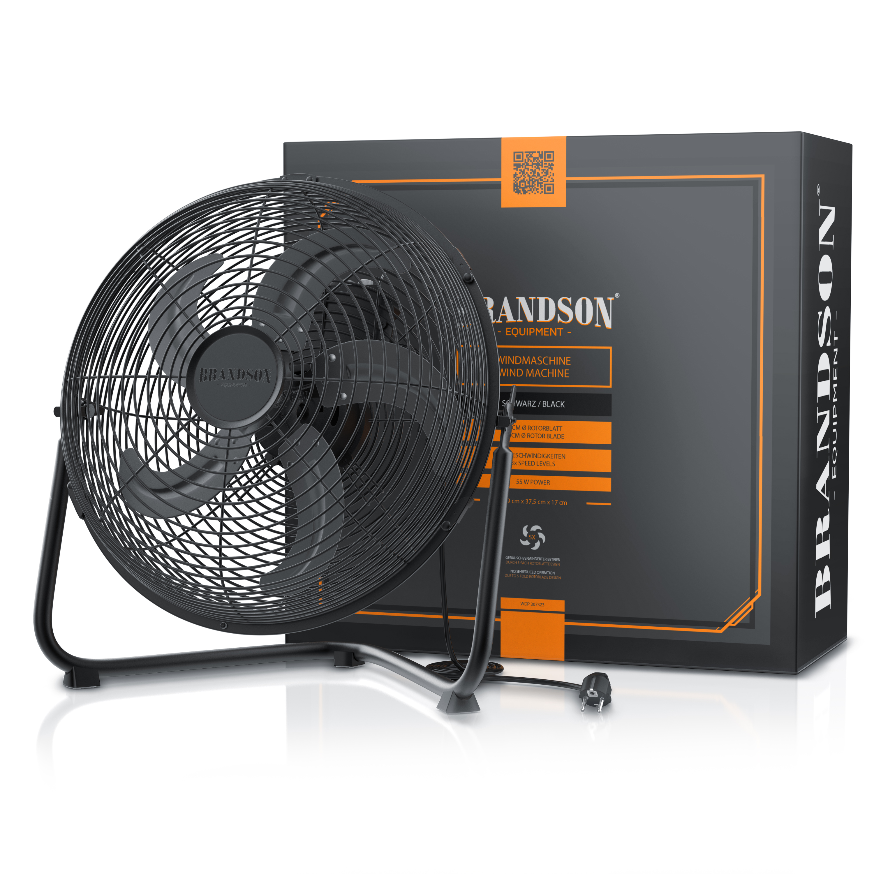 Windmaschine von Brandson in Schwarz mit stabilem Metallrahmen, großem Ventilator und sichtbarem Netzkabel, positioniert neben der Verpackung.
