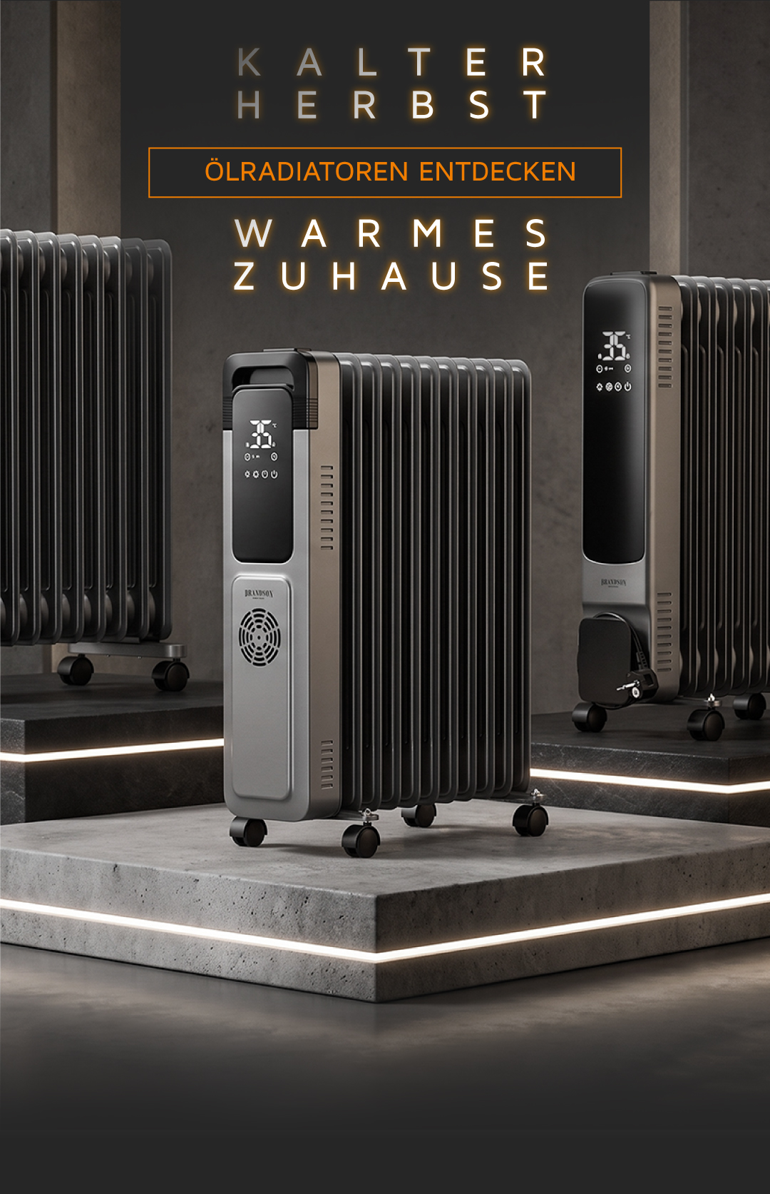 Brandson-Ölradiator mit dunkelgrauem Lamellendesign, Digitalanzeige und Lenkrollen, präsentiert in einer Studioumgebung auf beleuchteten Plattformen.