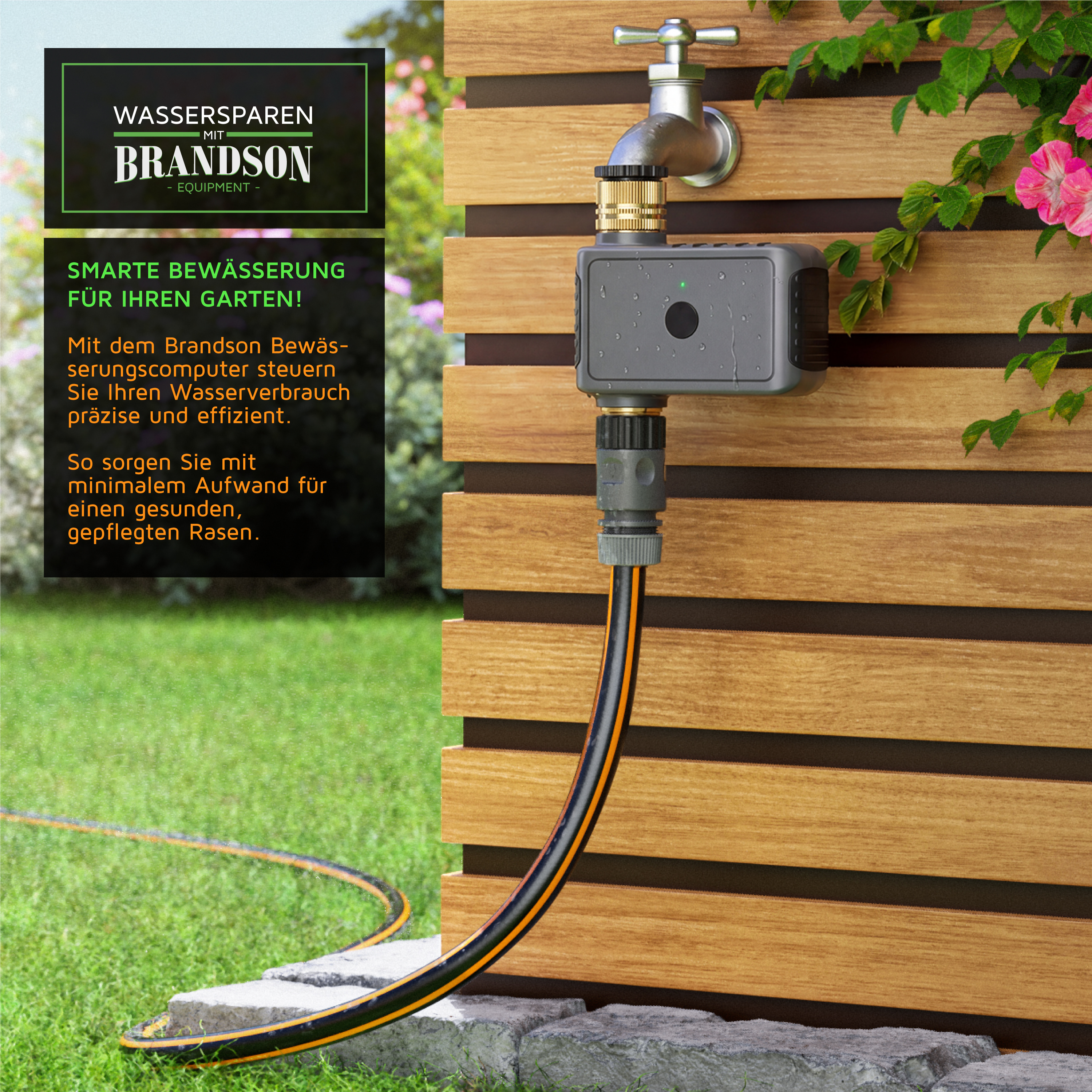 Brandson Bewässerungscomputer in grauer Farbe, montiert an einem Wasserhahn, mit Schlauchanschluss für präzise Gartenbewässerung.