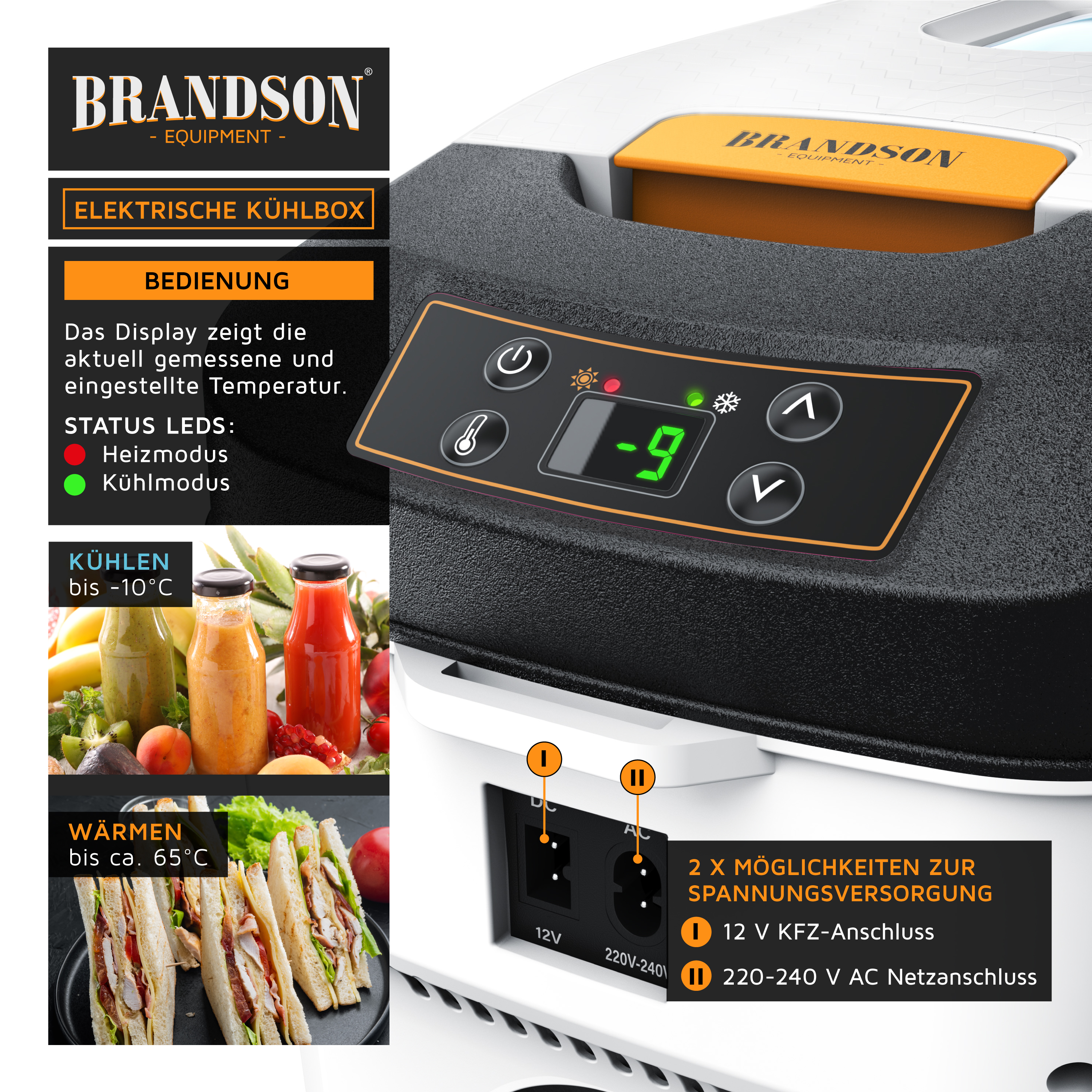 Brandson elektrische Kühlbox mit digitalem Display, Temperaturanzeige und Bedienfeld für Kühl- und Heizmodus, in Schwarz und Weiß.