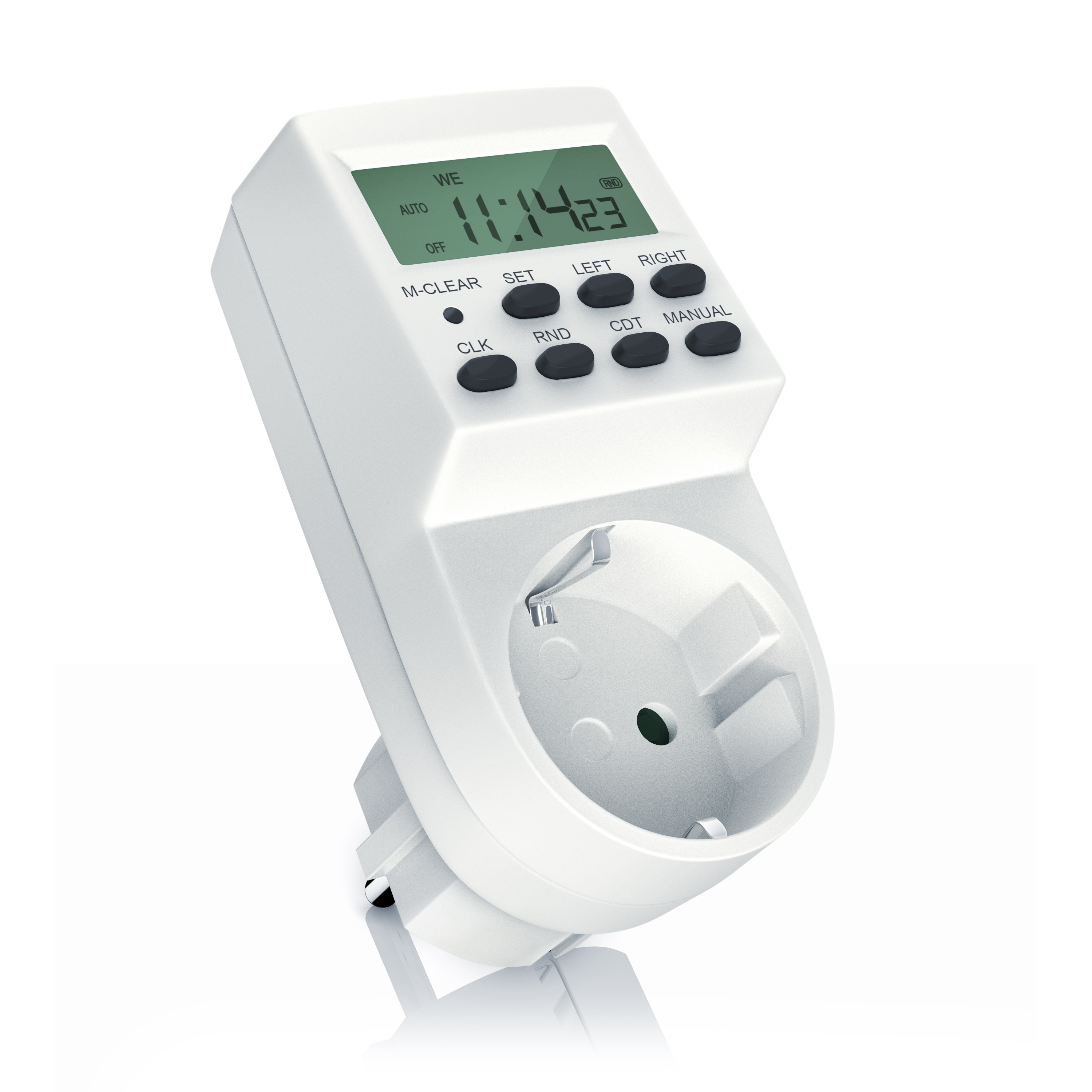Brandson Zeitschaltuhr in Weiß mit digitalem Display und mehreren Tasten zur Programmierung.