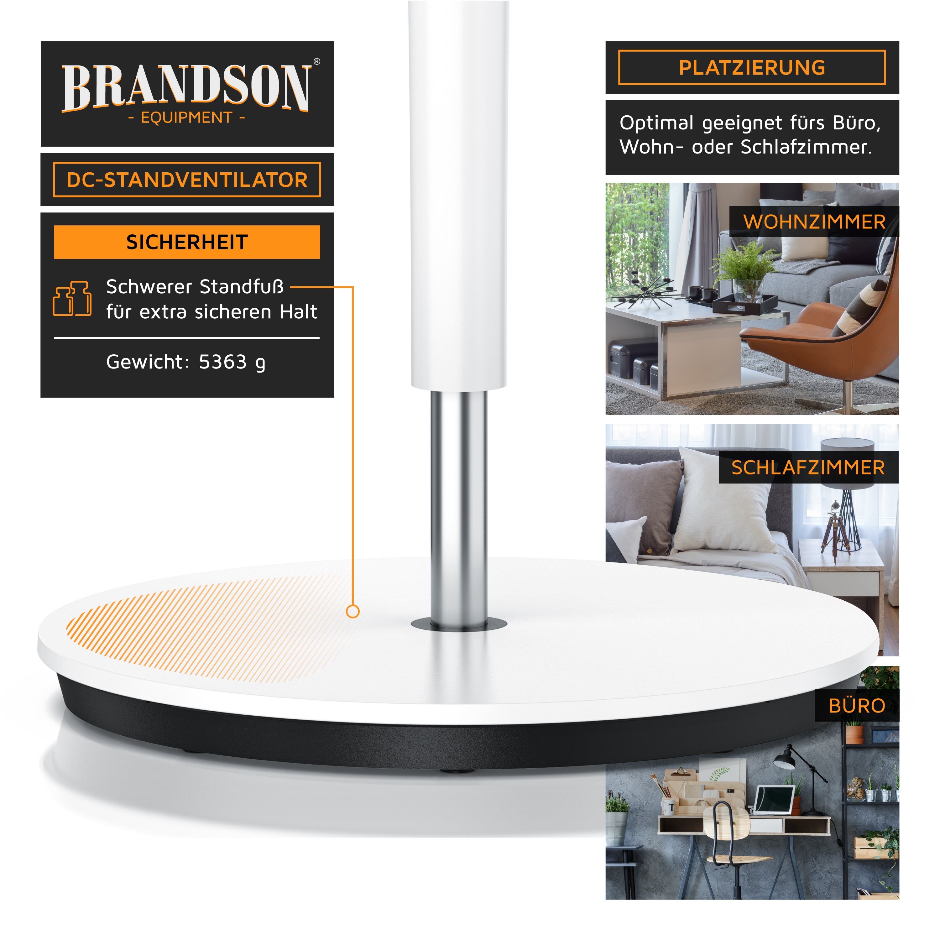 Brandson DC-Standventilator mit schwerem Standfuß, ideal für Büro, Wohnzimmer und Schlafzimmer, in modernem Design.