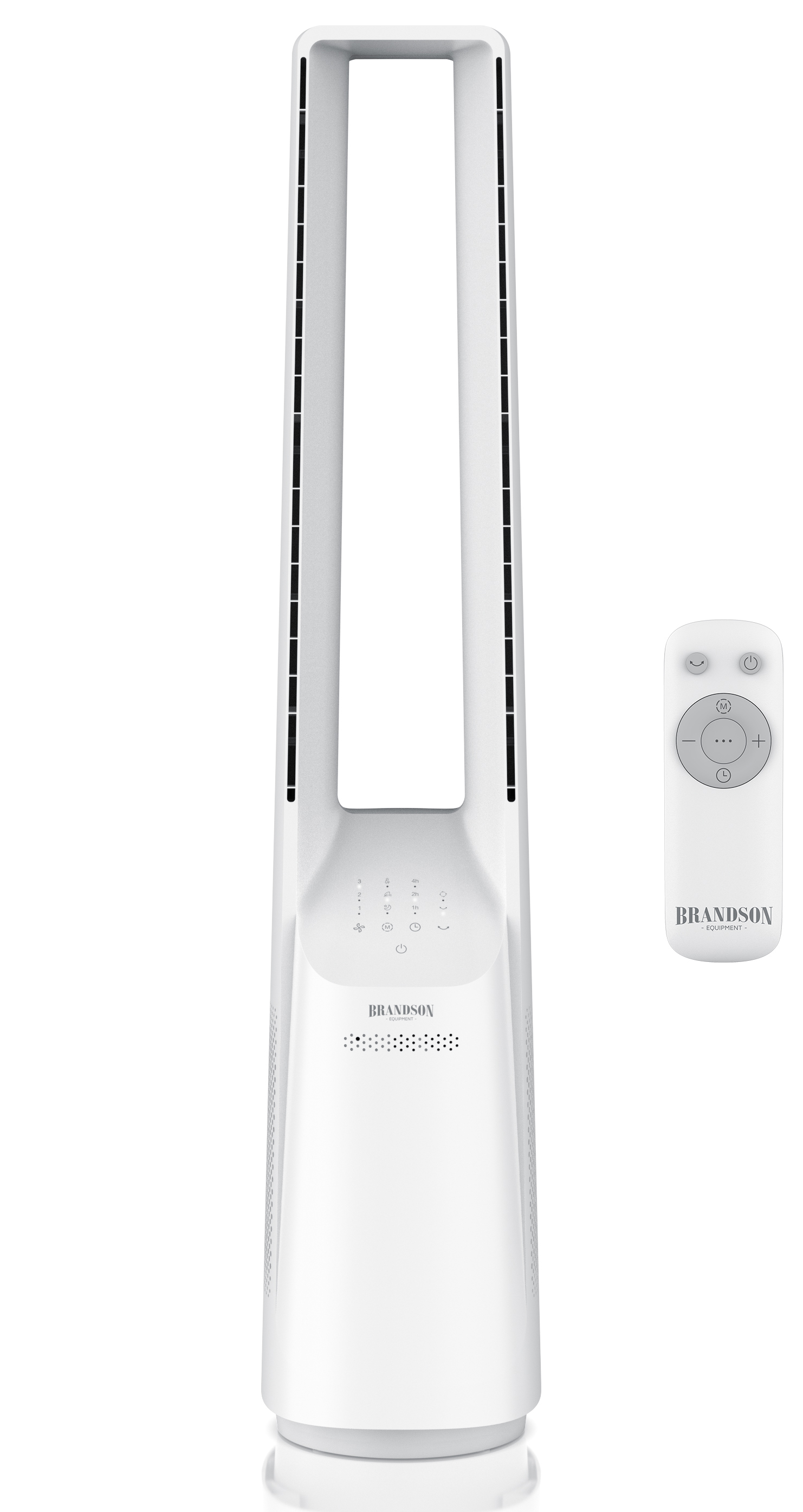 Brandson Turmventilator in Weiß mit elegantem Design, mit Bedienfeld und Fernbedienung für einfache Bedienung.