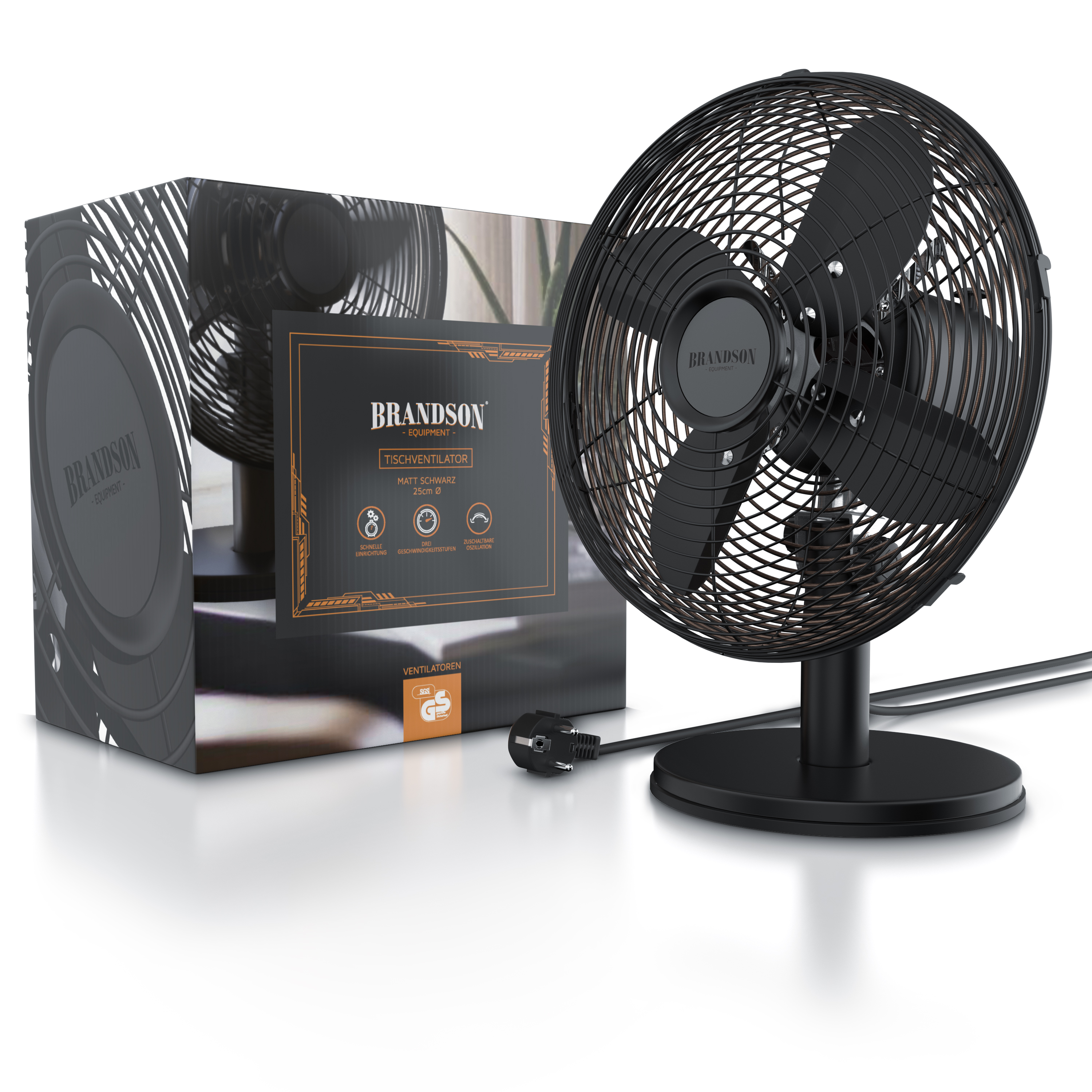 Brandson Tischventilator in mattschwarz mit stabiler Standbasis und sichtbarem Bedienfeld, verpackt in ansprechender Box.