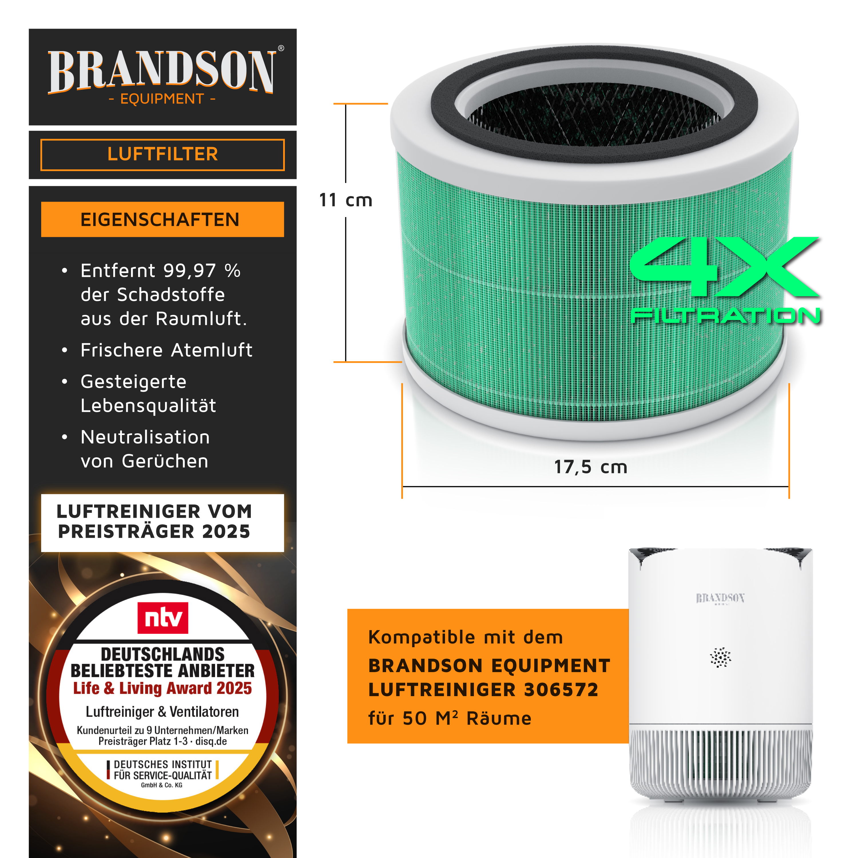 Brandson-Luftreinigerfilter mit zylindrischer Form, grünem Netzmaterial und Abmessungen von 11 cm Höhe und 17,5 cm Durchmesser.