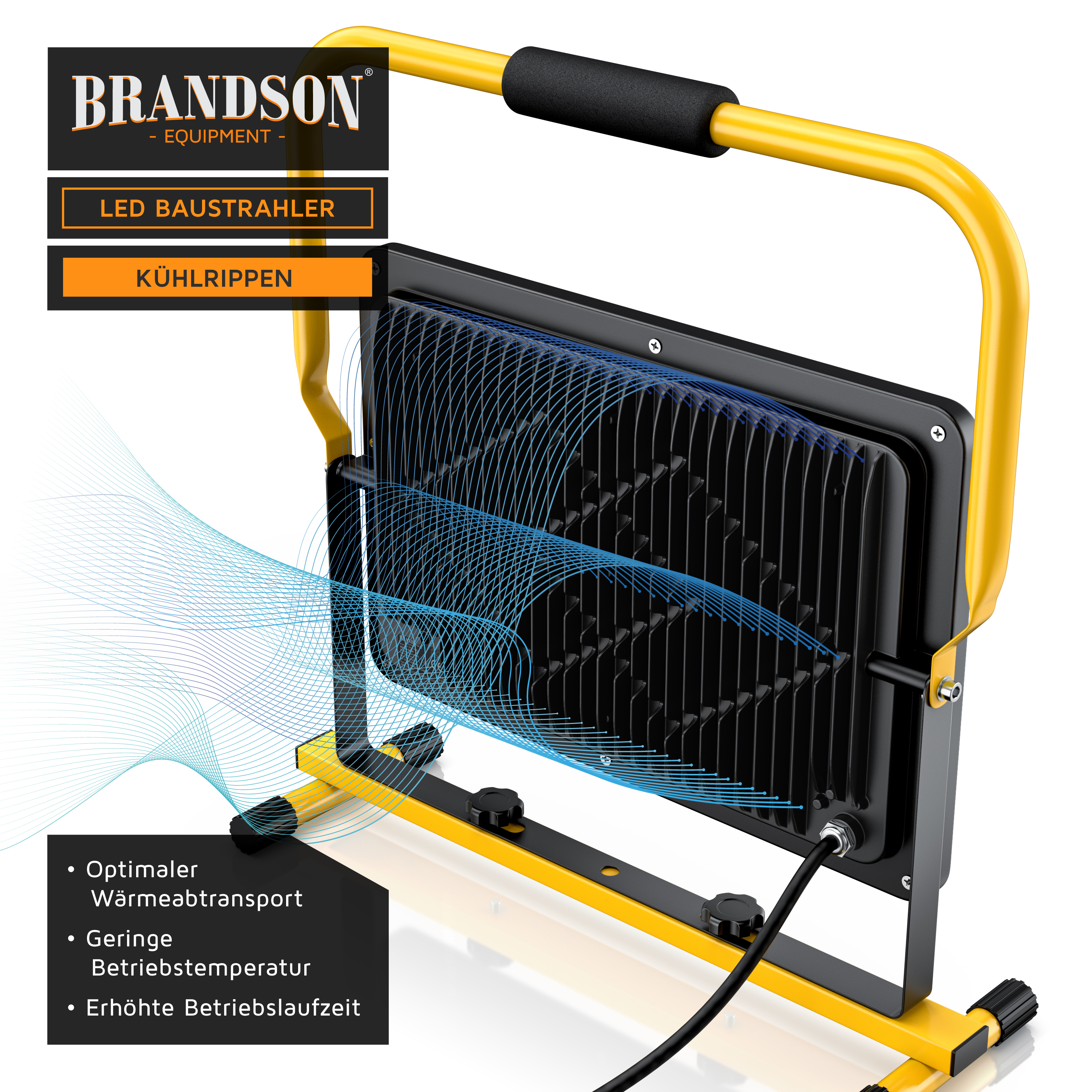 Brandson LED-Baustrahler mit Kühlrippen, stabilem gelbem Griff und optimiertem Wärmeableitungsdesign.