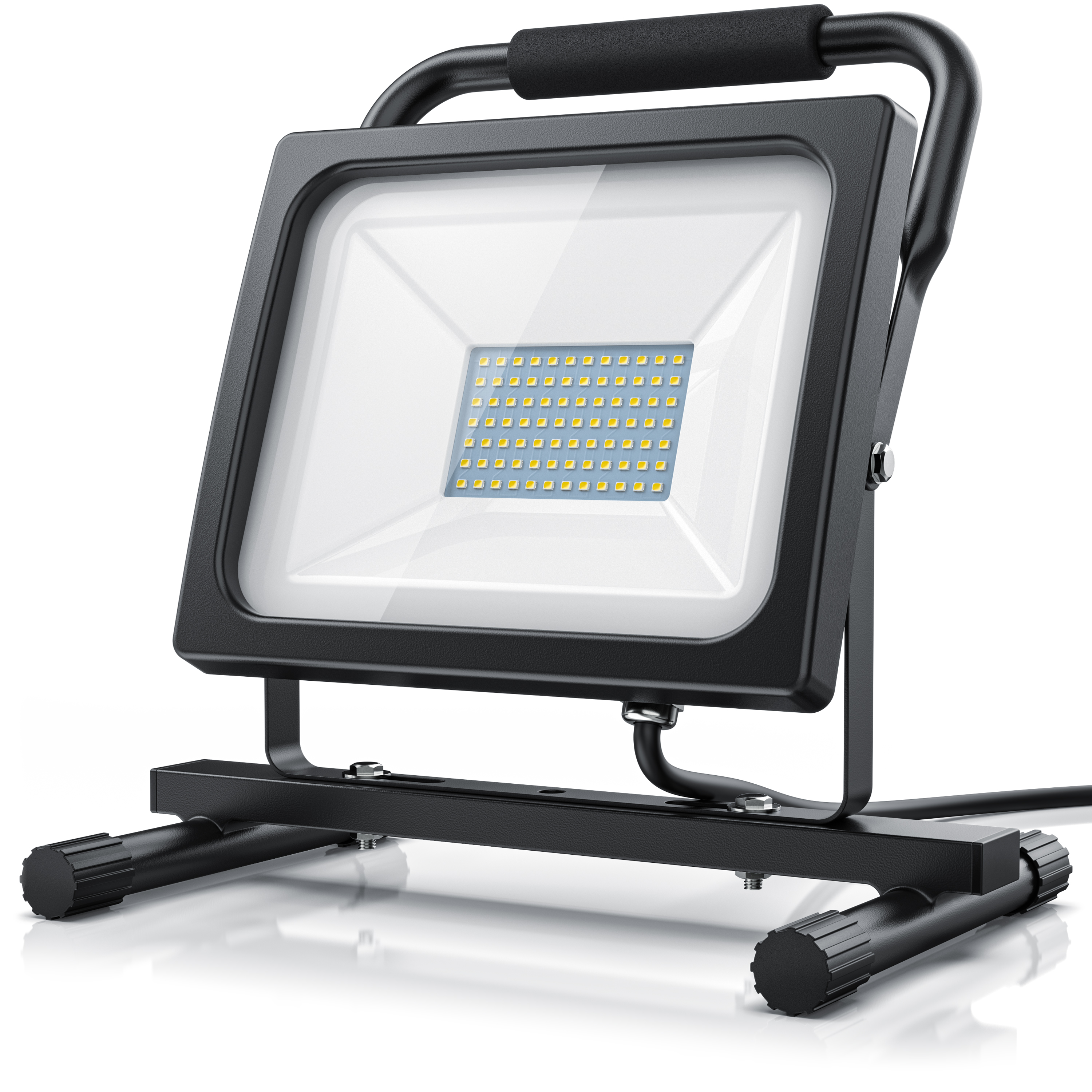 Brandson LED Baustrahler mit schwarzem Gehäuse, tragbarem Design und einem großen, hellen Lichtfeld für vielseitige Anwendungen.